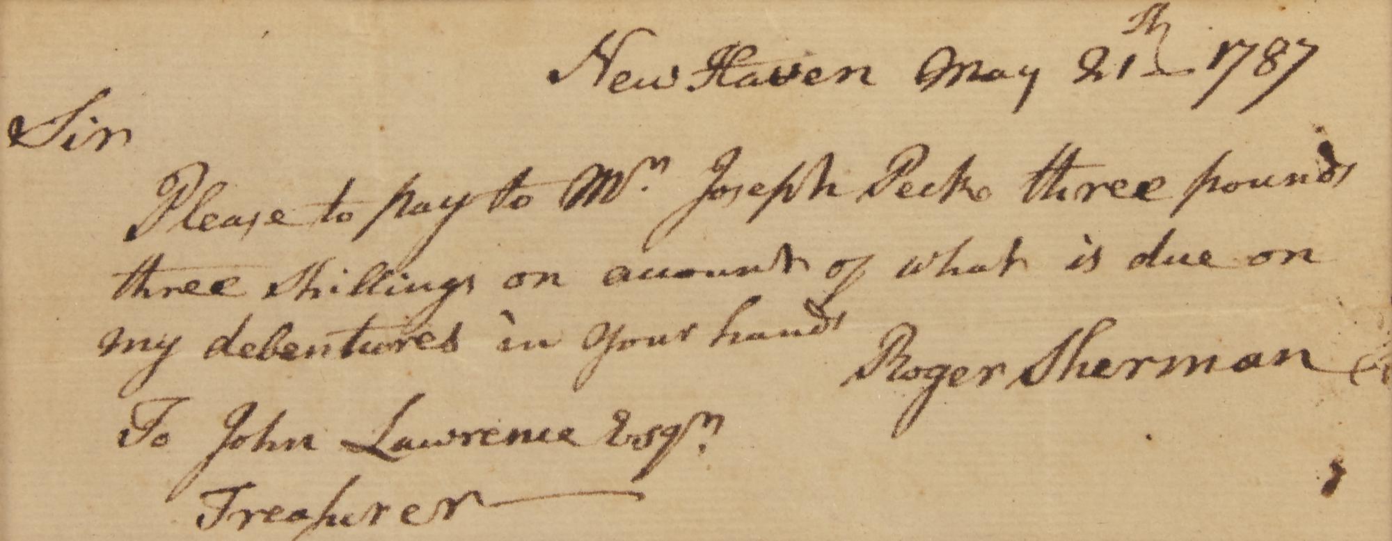 [Declaration of Independence] Sherman, Roger. Autograph Letter, signed.