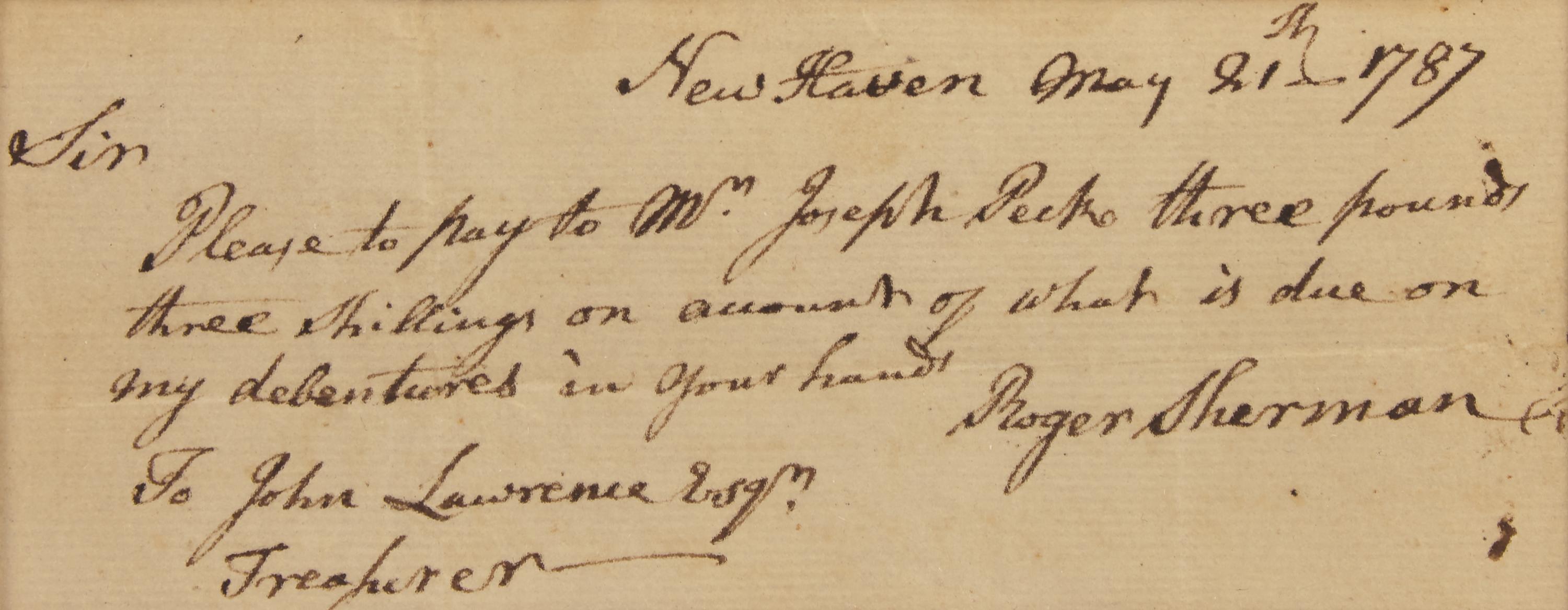 [Declaration of Independence] Sherman, Roger. Autograph Letter, signed.