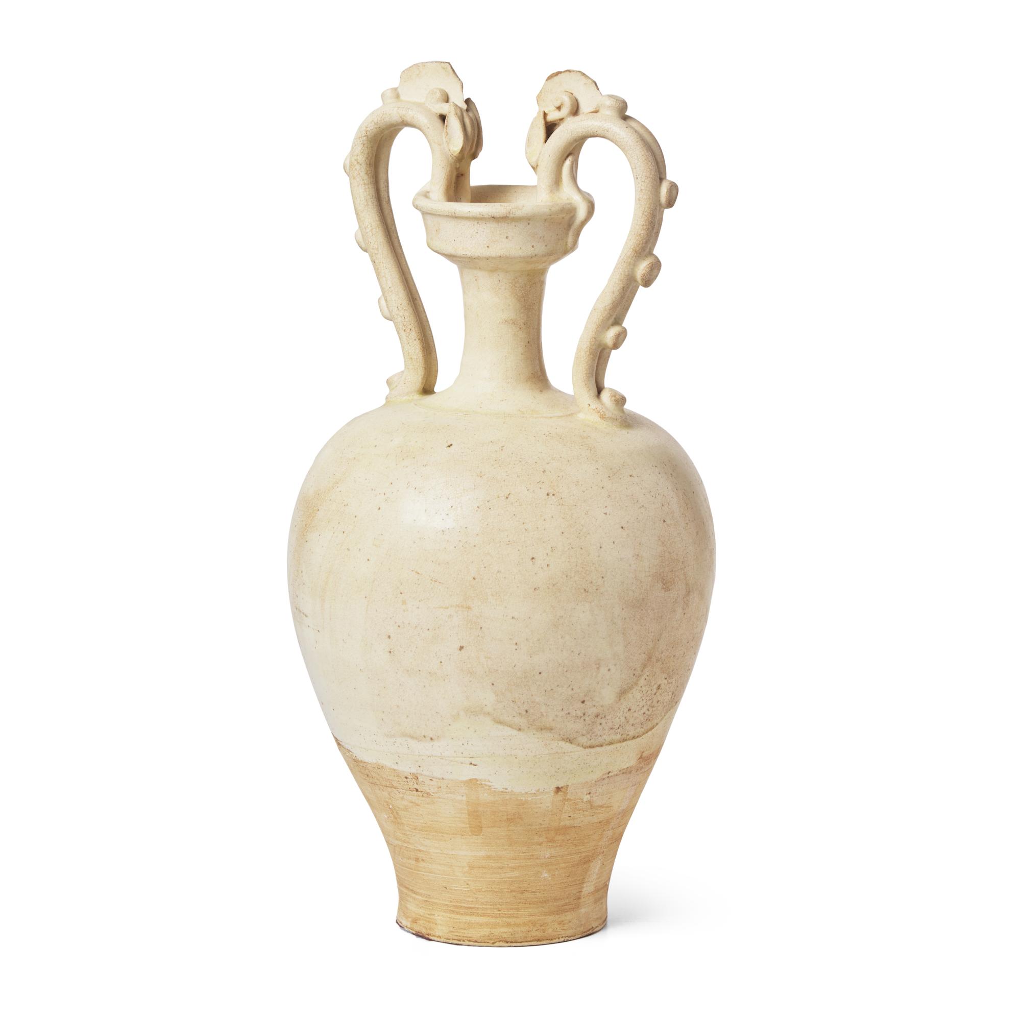 A Chinese White Glazed Pottery 'Amphora' Vase, Tang Dynasty 唐 白釉雙龍尊