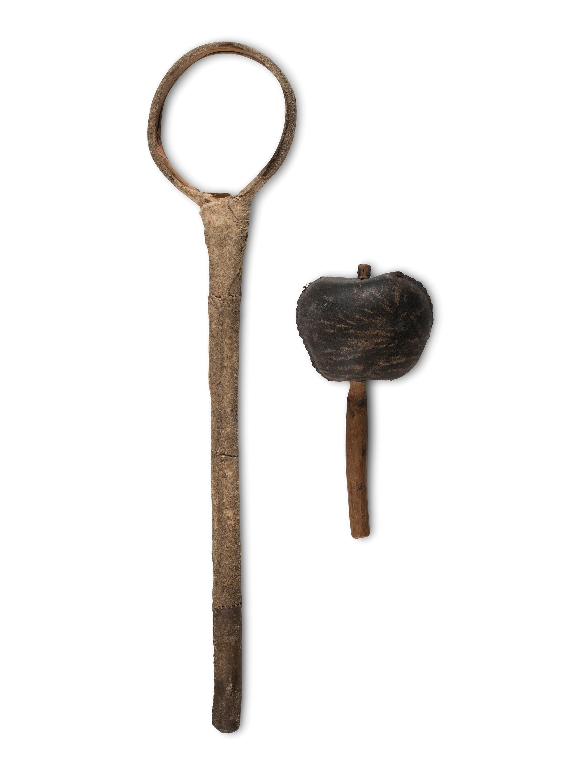 Plains Rattle and Bentwood Gamestick, Possibly Shown at the 1893 Chicago's World's Fair at Sitting Bull's Cabin