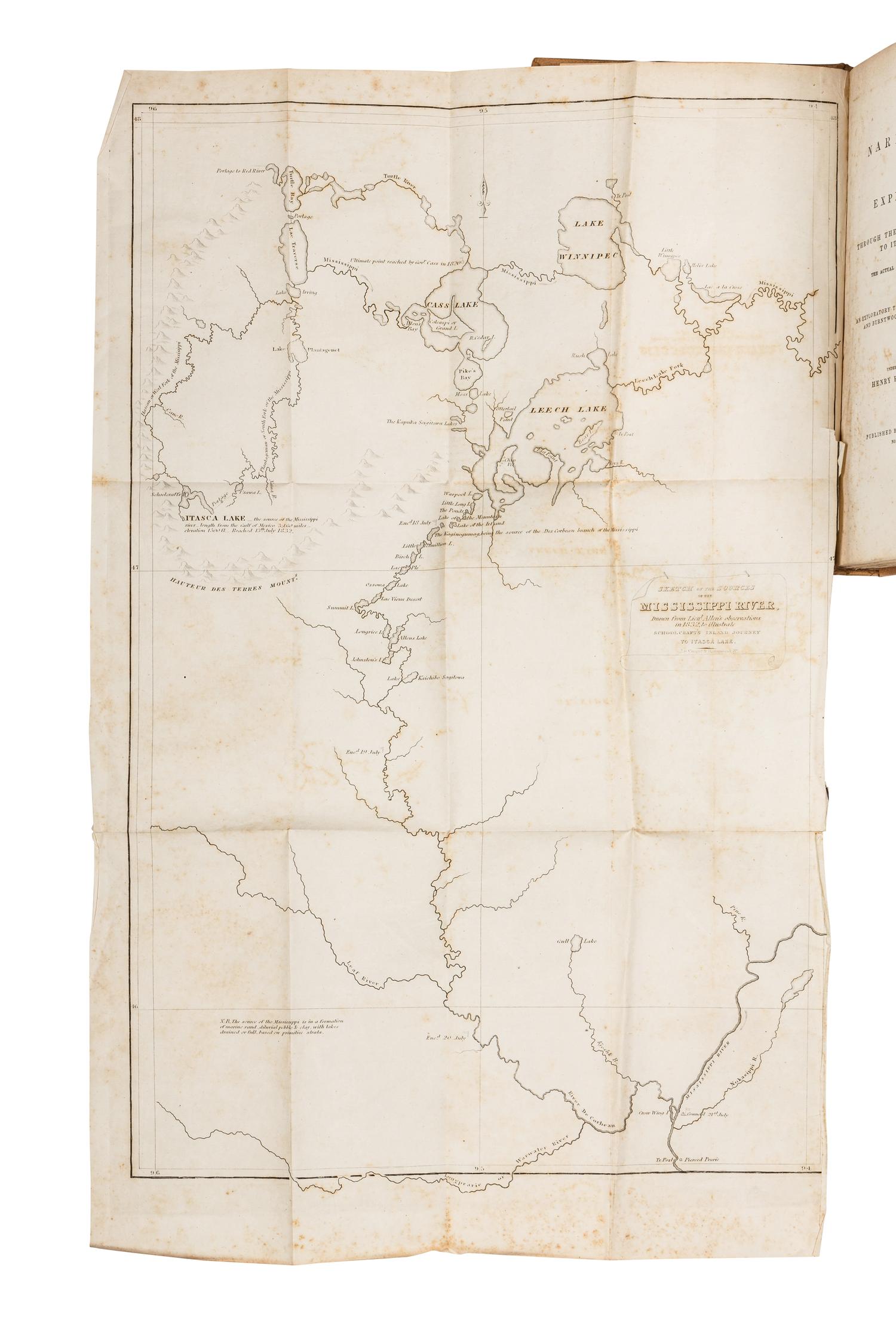 SCHOOLCRAFT, Henry Rowe (1793-1864). Narrative of an Expedition through the Upper Mississippi to Itasca Lake . New York: Harper & Brothers, 1834.