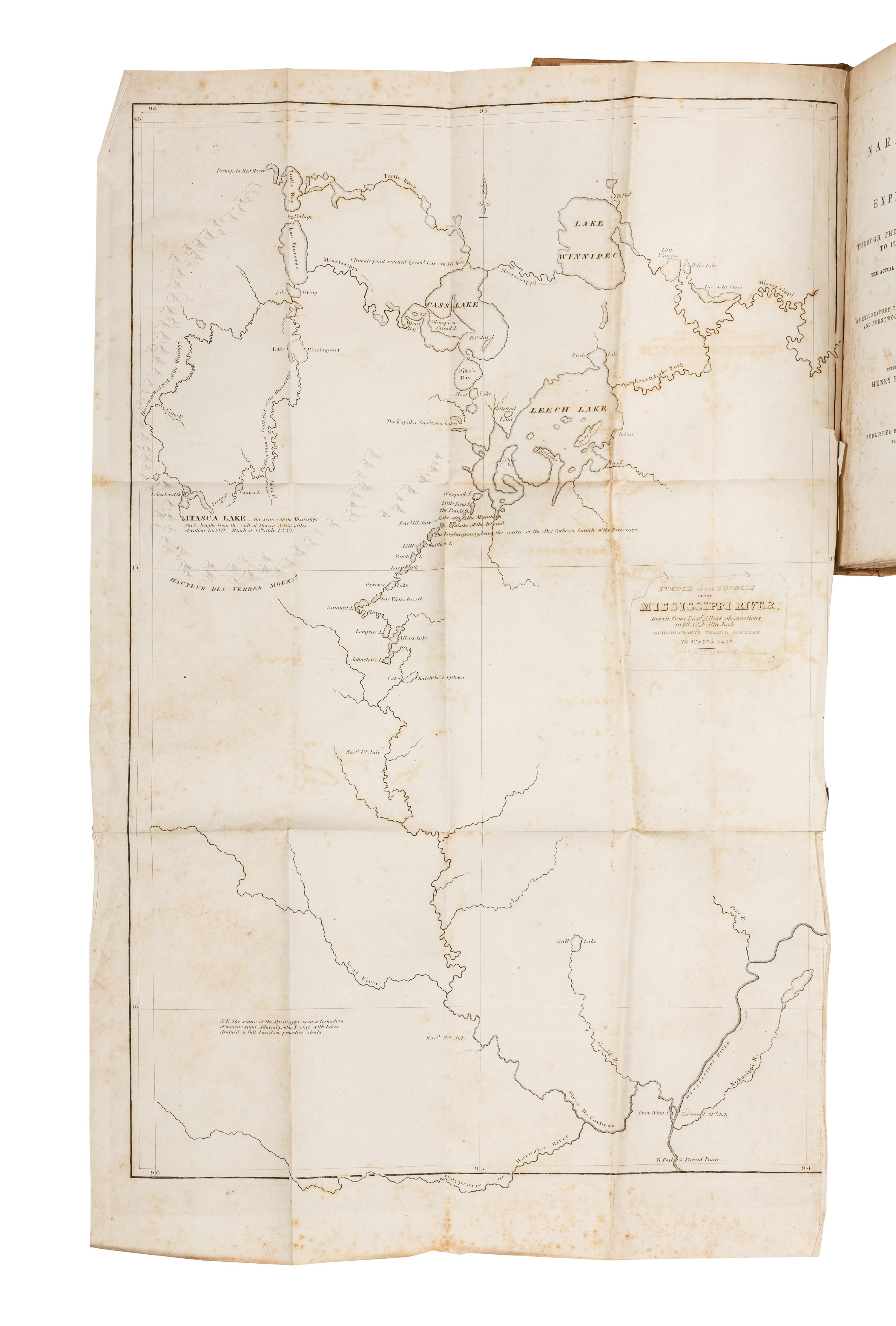 SCHOOLCRAFT, Henry Rowe (1793-1864). Narrative of an Expedition through the Upper Mississippi to Itasca Lake . New York: Harper & Brothers, 1834.