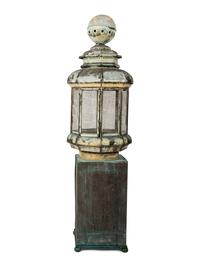 A Pair of Weathered Painted Sheet Metal Lanterns Converted to Bird Cages
