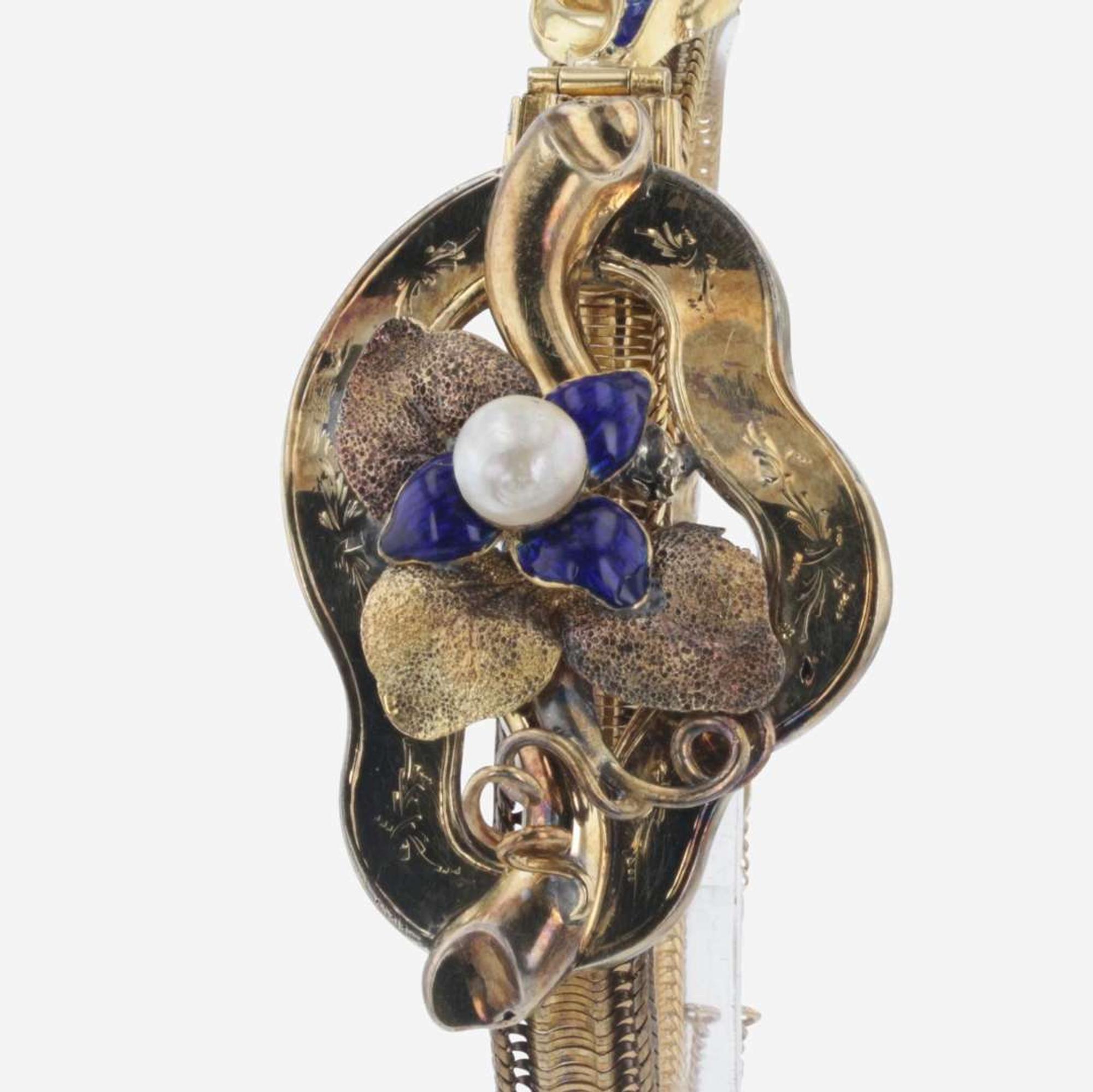 A Yellow Gold, Enamel, and Pearl Bracelet