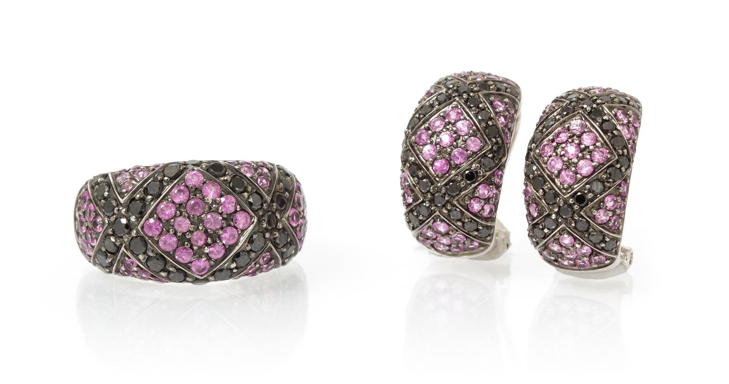 An 18 Karat White Gold, Black Diamond and Pink Sapphire Demi Parure, 12.50 dwts.