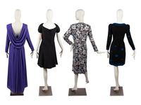 Four Designer Dresses: Estevez, Scaasi, Adolfo, and Bessi, 1970-80s