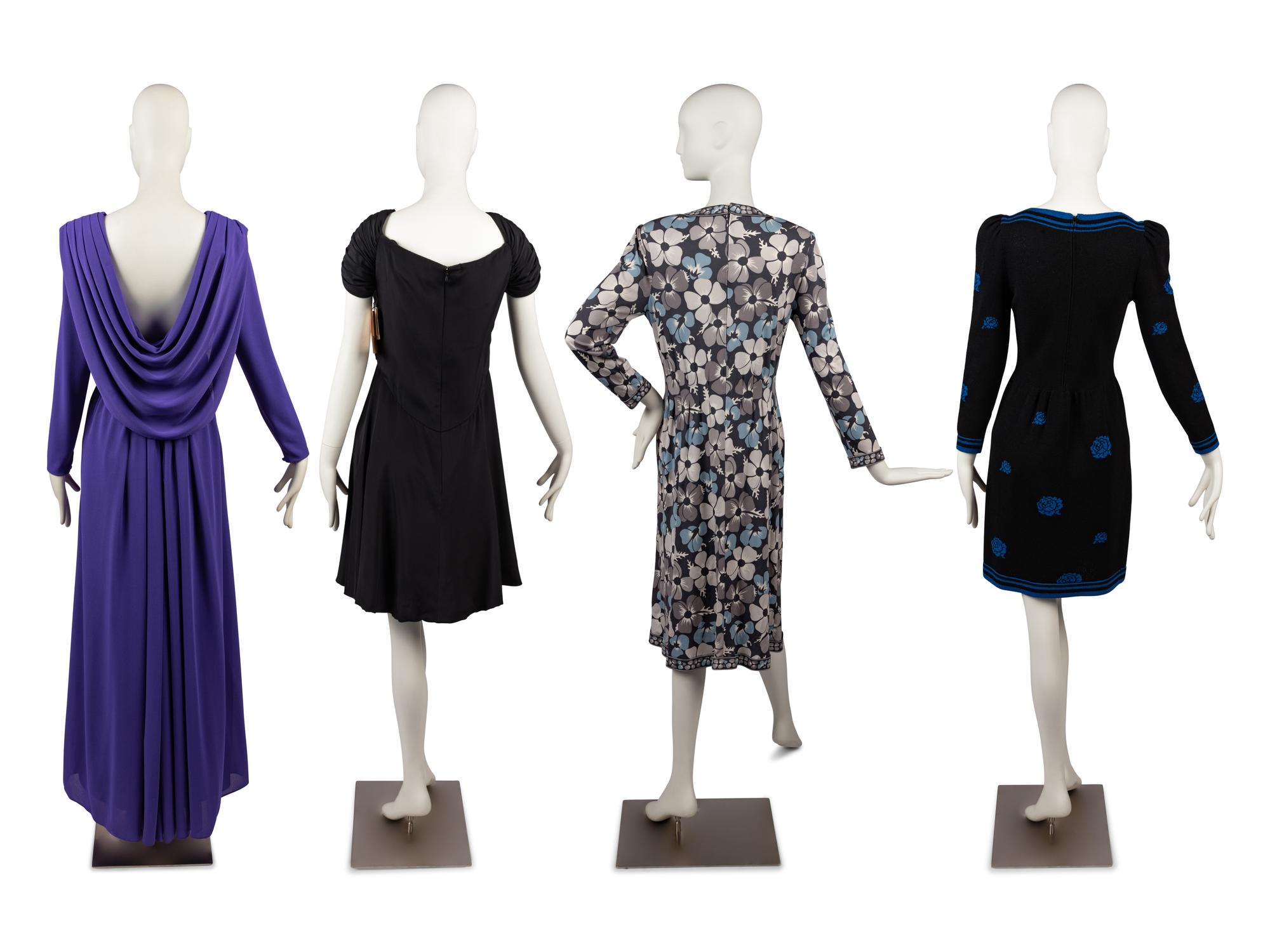 Four Designer Dresses: Estevez, Scaasi, Adolfo, and Bessi, 1970-80s
