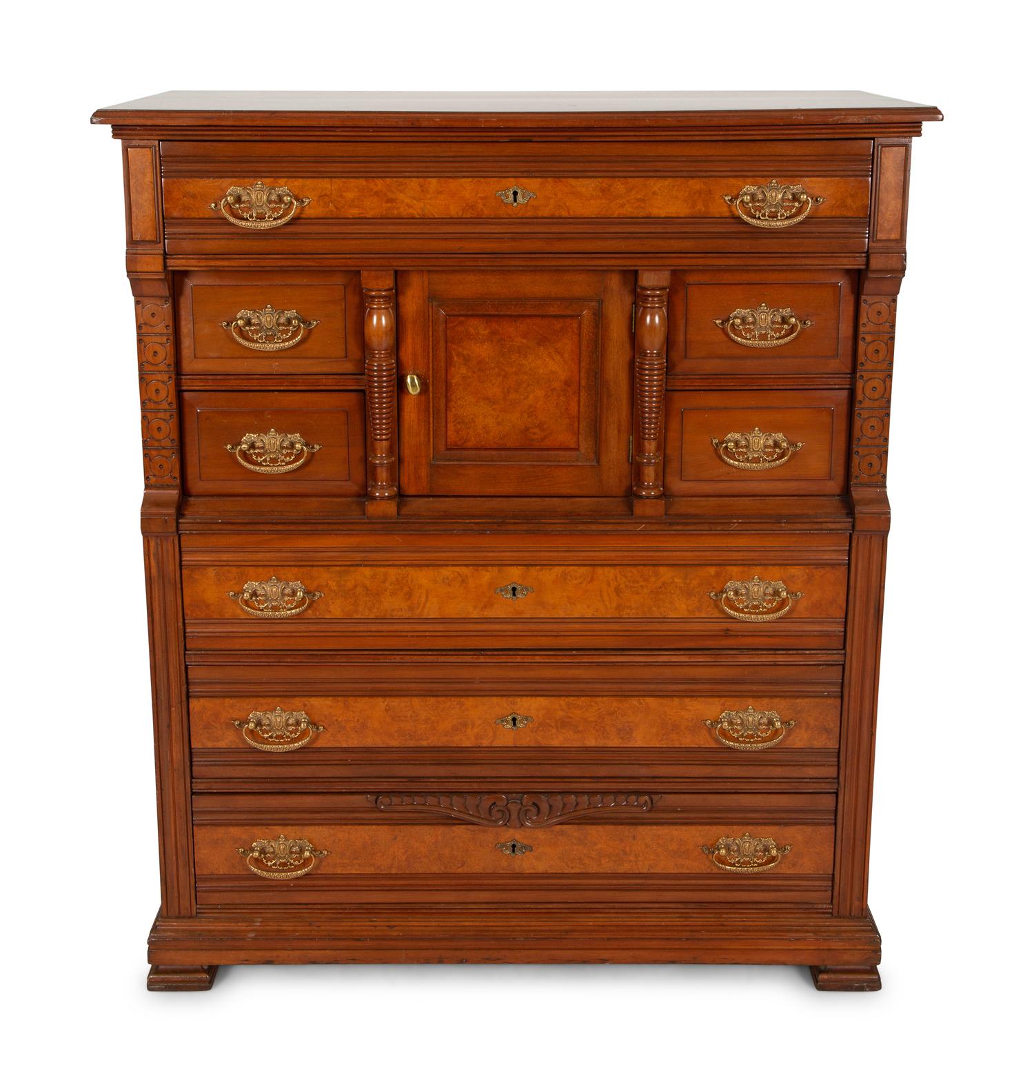 A Victorian Burl Inlaid Mahogany Chest of Drawers
