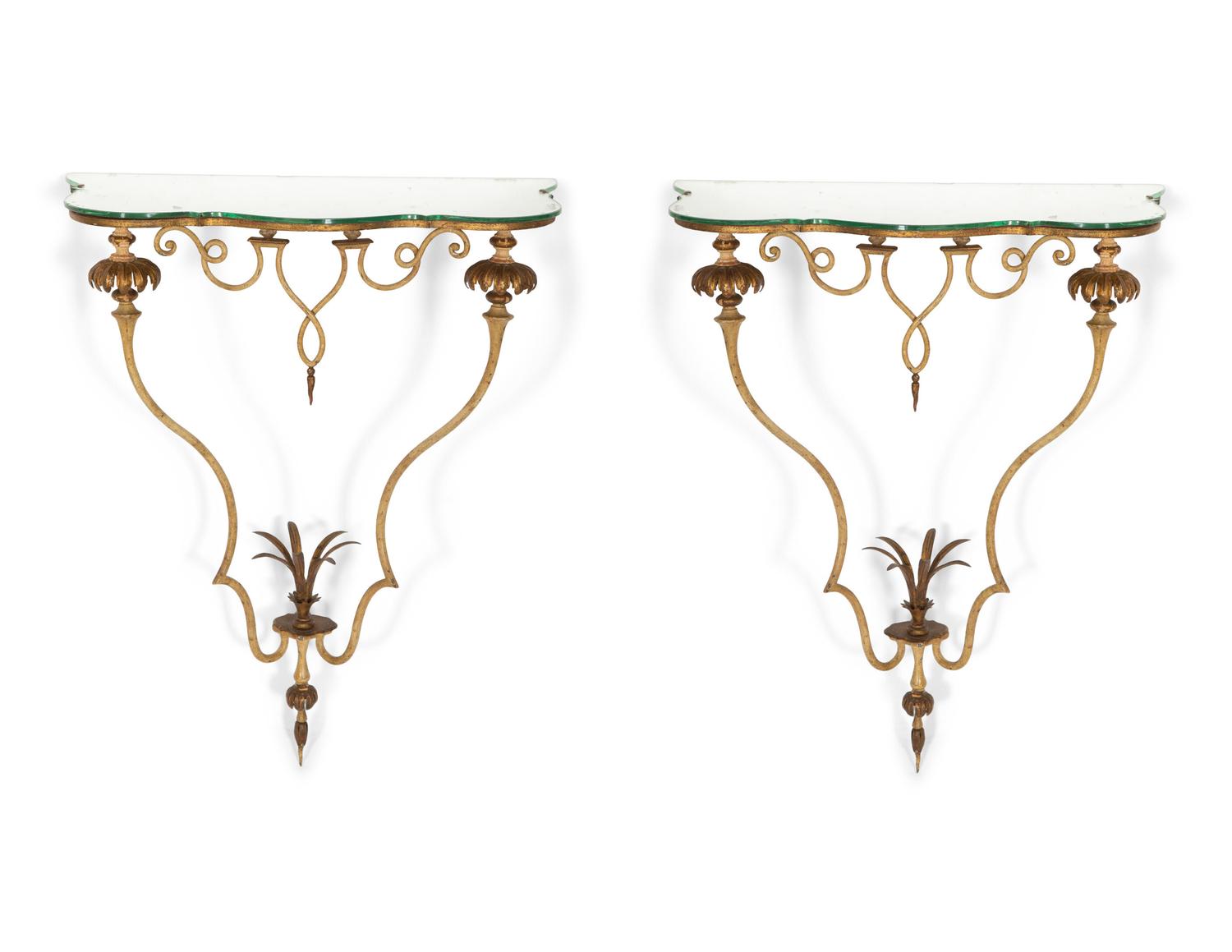 A Pair of Continental Painted and Parcel Gilt Metal, Mirrored Small Console Tables