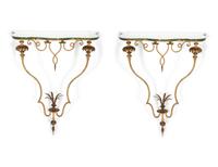 A Pair of Continental Painted and Parcel Gilt Metal, Mirrored Small Console Tables