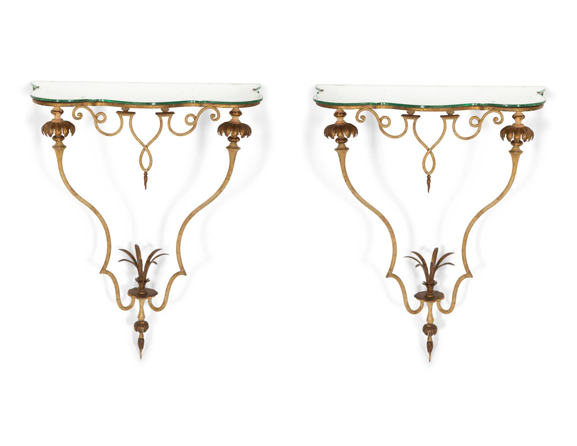 A Pair of Continental Painted and Parcel Gilt Metal, Mirrored Small Console Tables