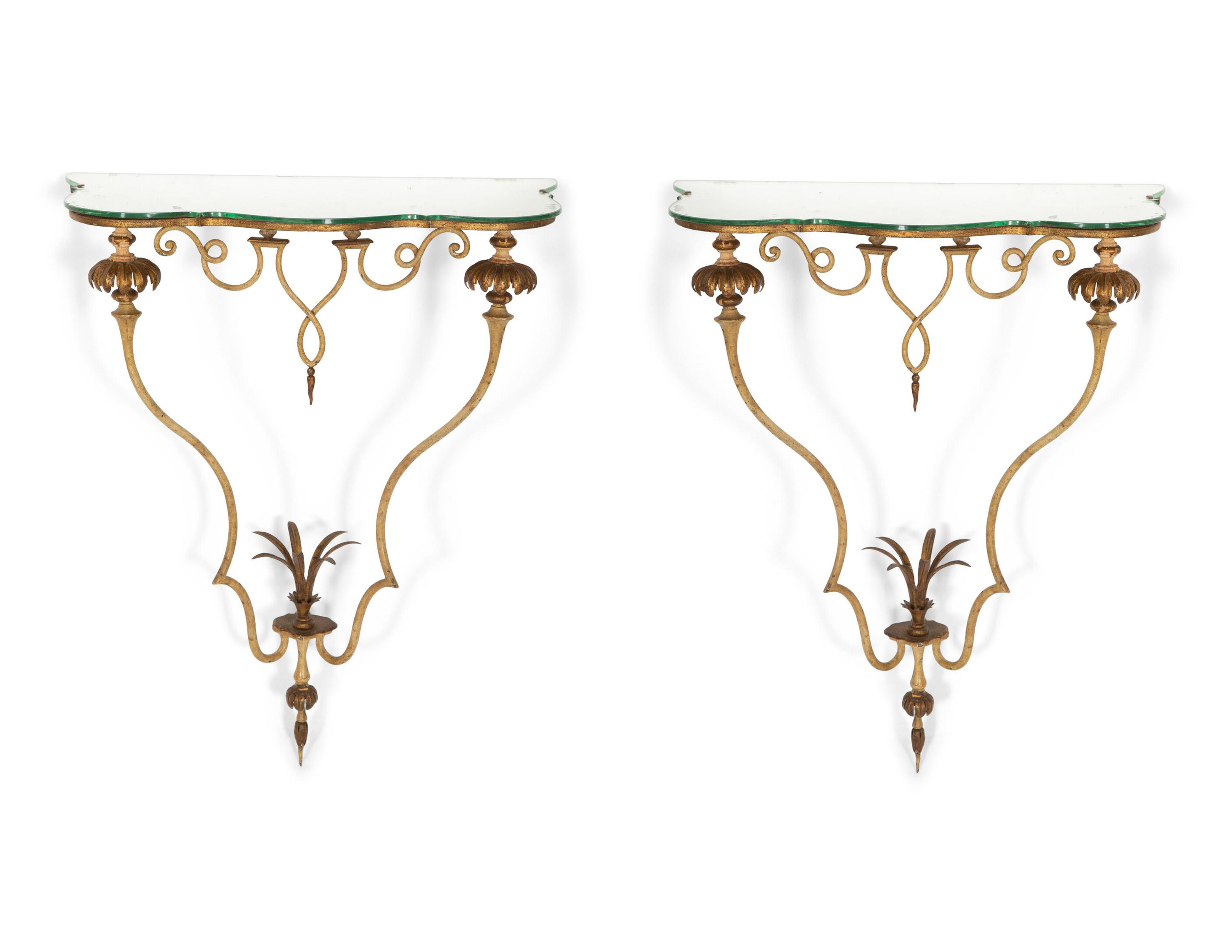 A Pair of Continental Painted and Parcel Gilt Metal, Mirrored Small Console Tables