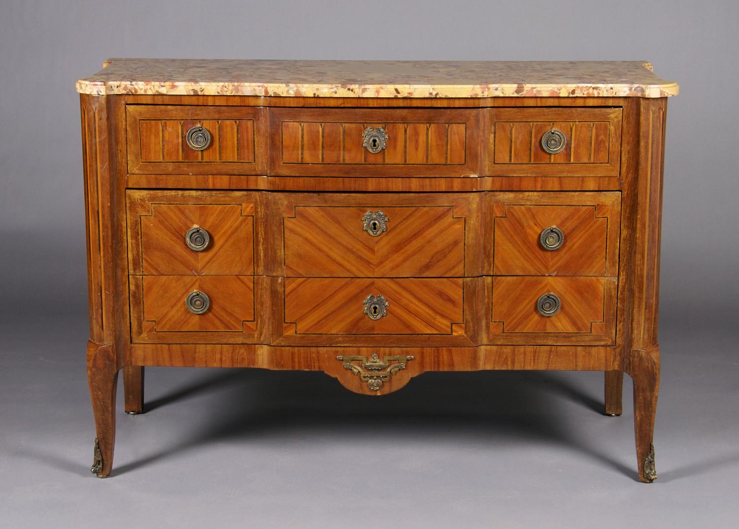 A Louis XVI Style Parquetry and Gilt Metal Mounted Commode, Height 34 3/4 x width 50 1/2 x depth 20 3/4 inches.