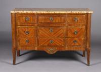 A Louis XVI Style Parquetry and Gilt Metal Mounted Commode, Height 34 3/4 x width 50 1/2 x depth 20 3/4 inches.
