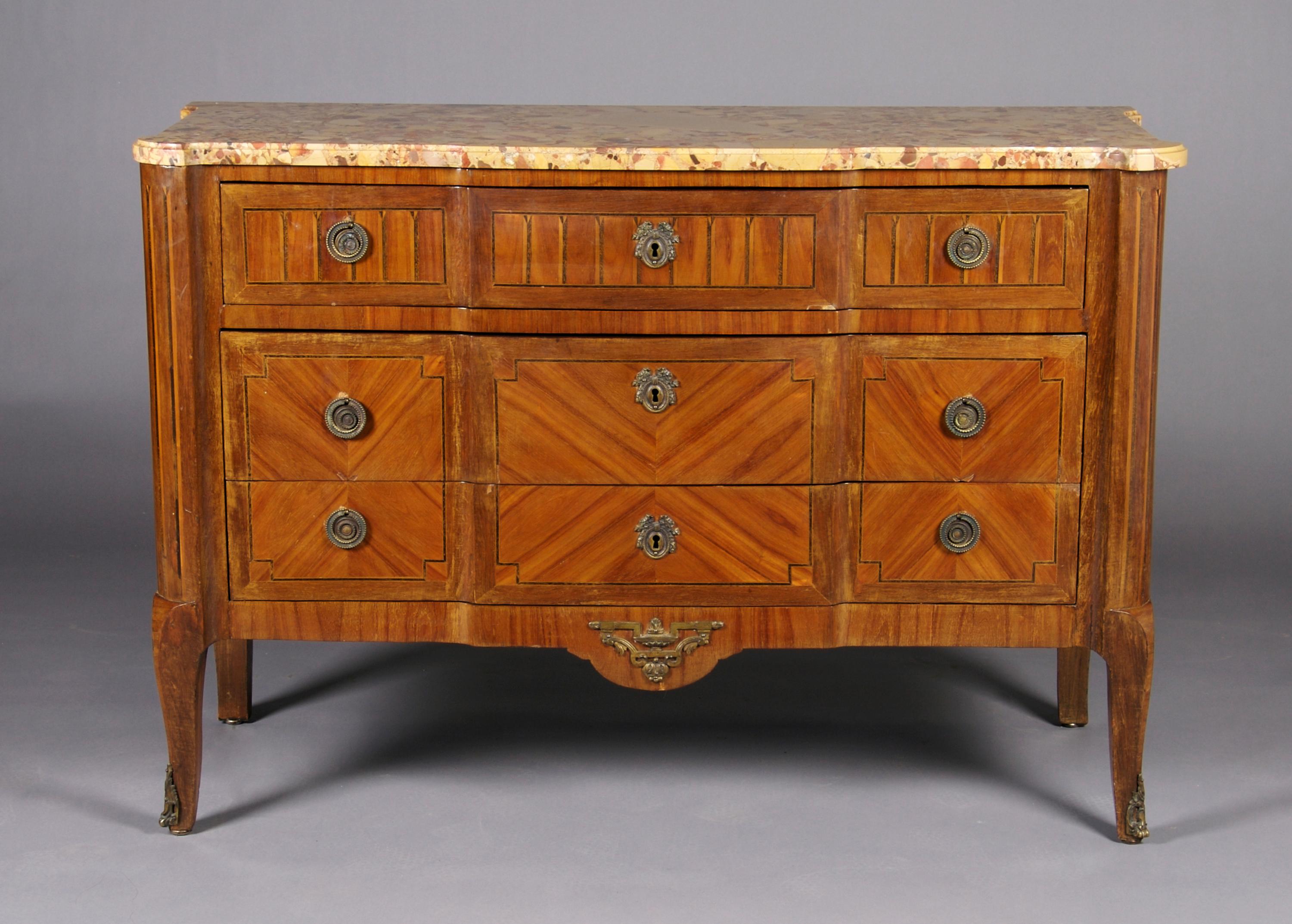 A Louis XVI Style Parquetry and Gilt Metal Mounted Commode, Height 34 3/4 x width 50 1/2 x depth 20 3/4 inches.