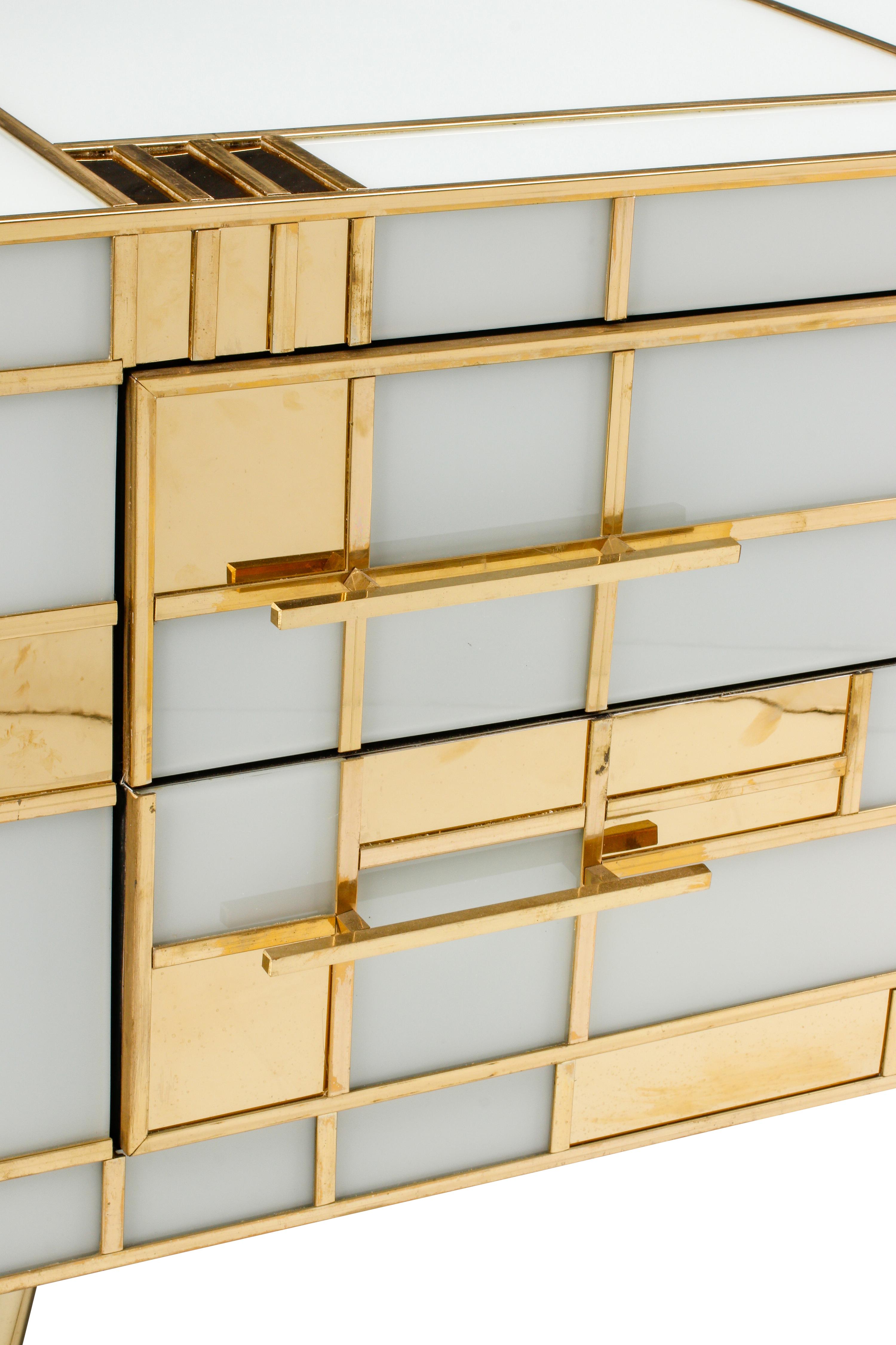An Italian Modernist Brass and Opaque Glass Veneered Console Cabinet