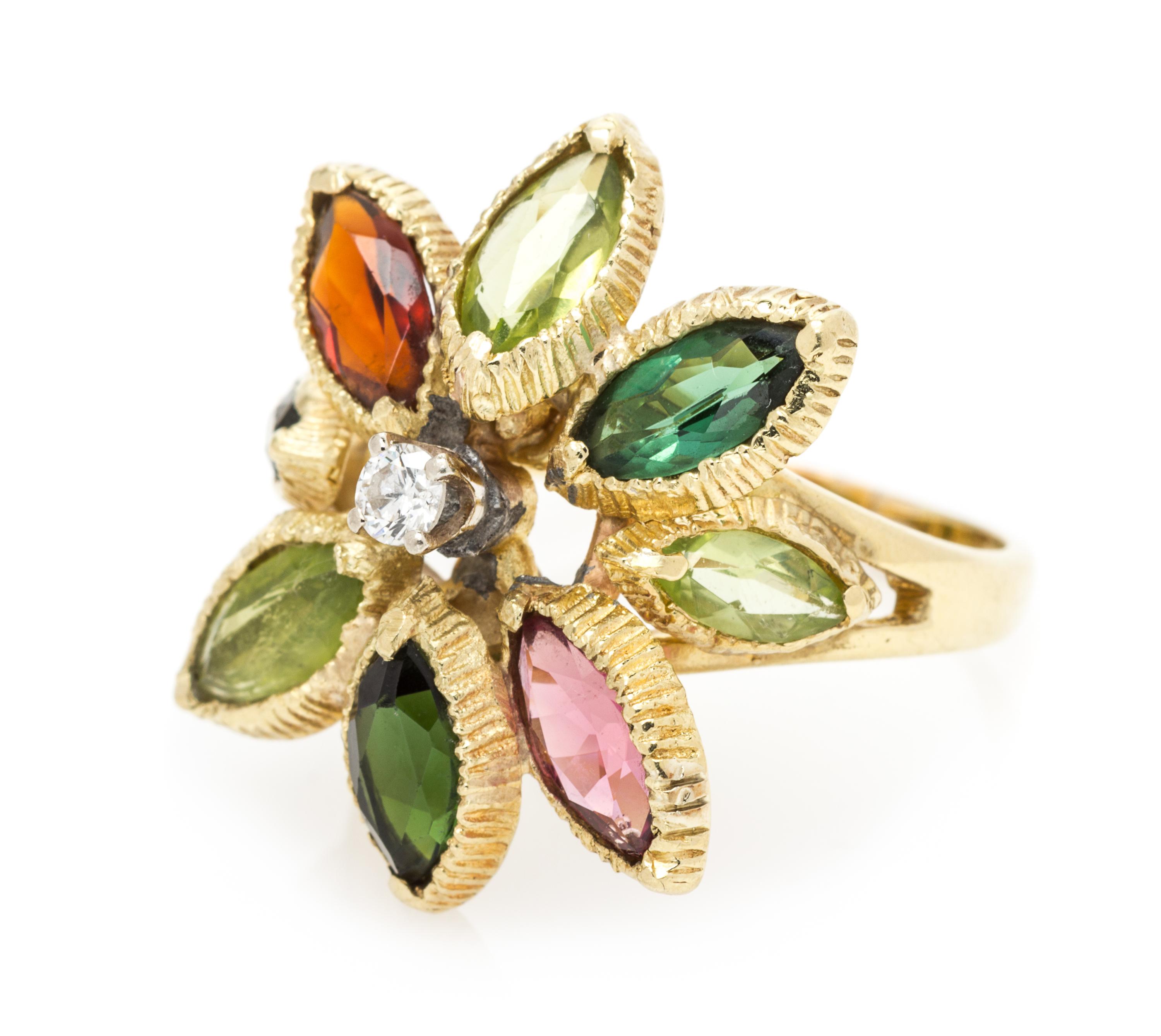 An 18 Karat Yellow Gold, Tourmaline, Peridot, Citrine and Diamond Ring, 5.70 dwts.