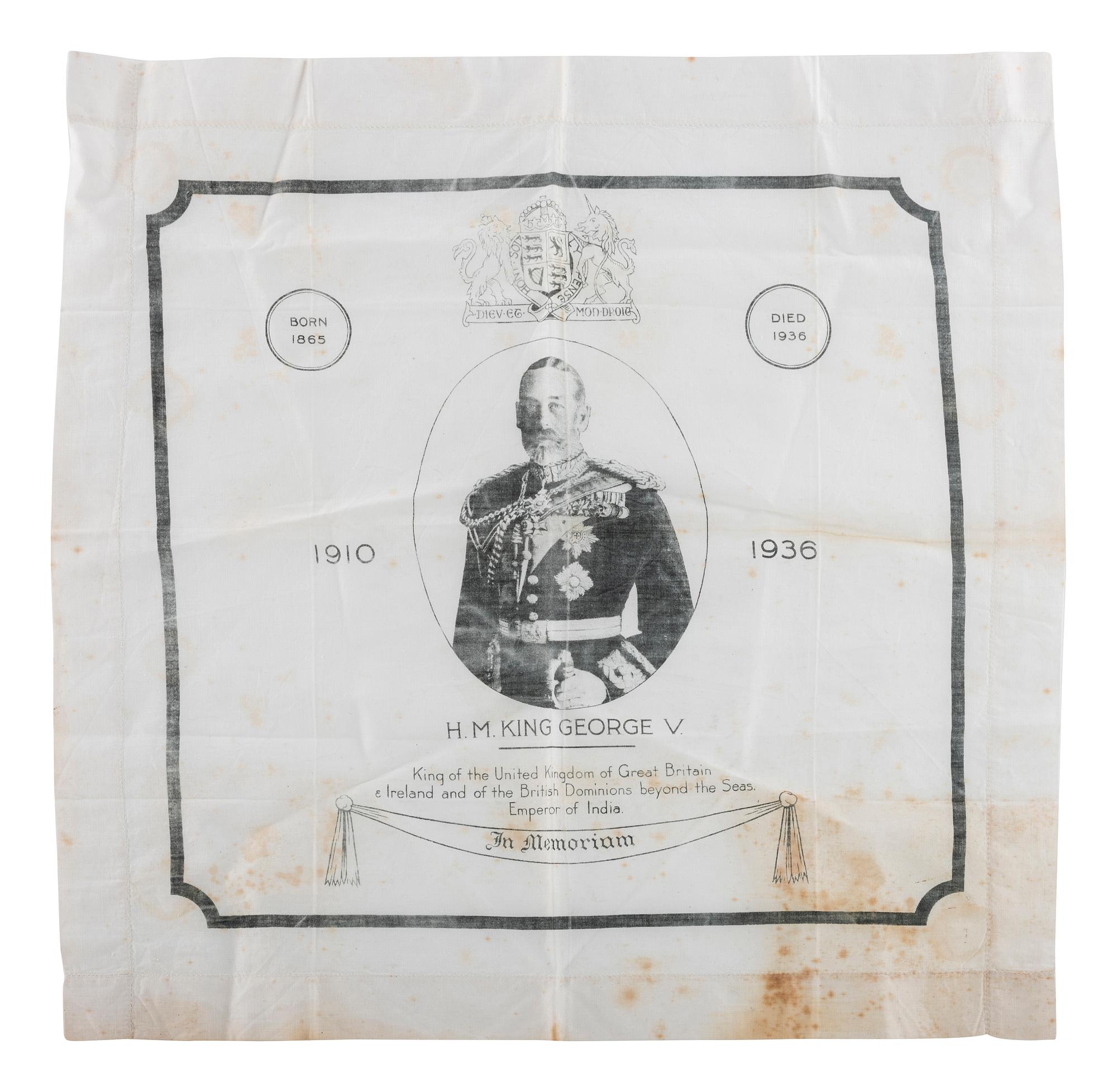 [ROYALTY]. A group of handkerchiefs, ceramics, and other ephemera from Queen VICTORIA, King GEORGE V, and King EDWARD VIII comprising: