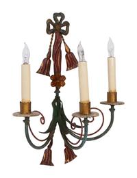 A Pair of Italian Tole Peinte Three-Light Sconces