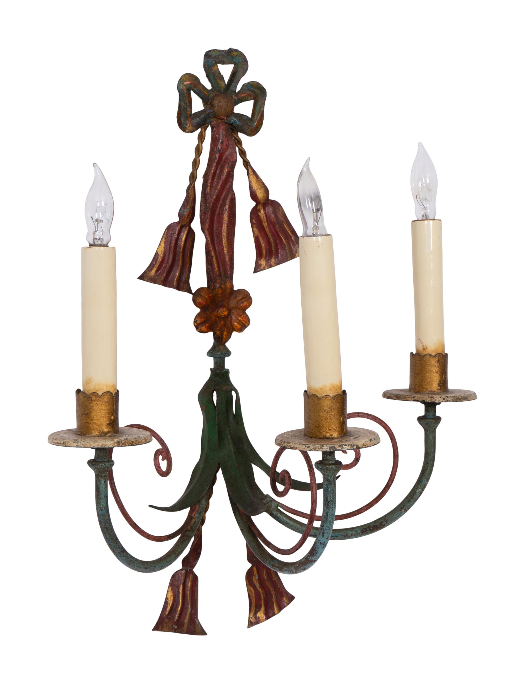 A Pair of Italian Tole Peinte Three-Light Sconces