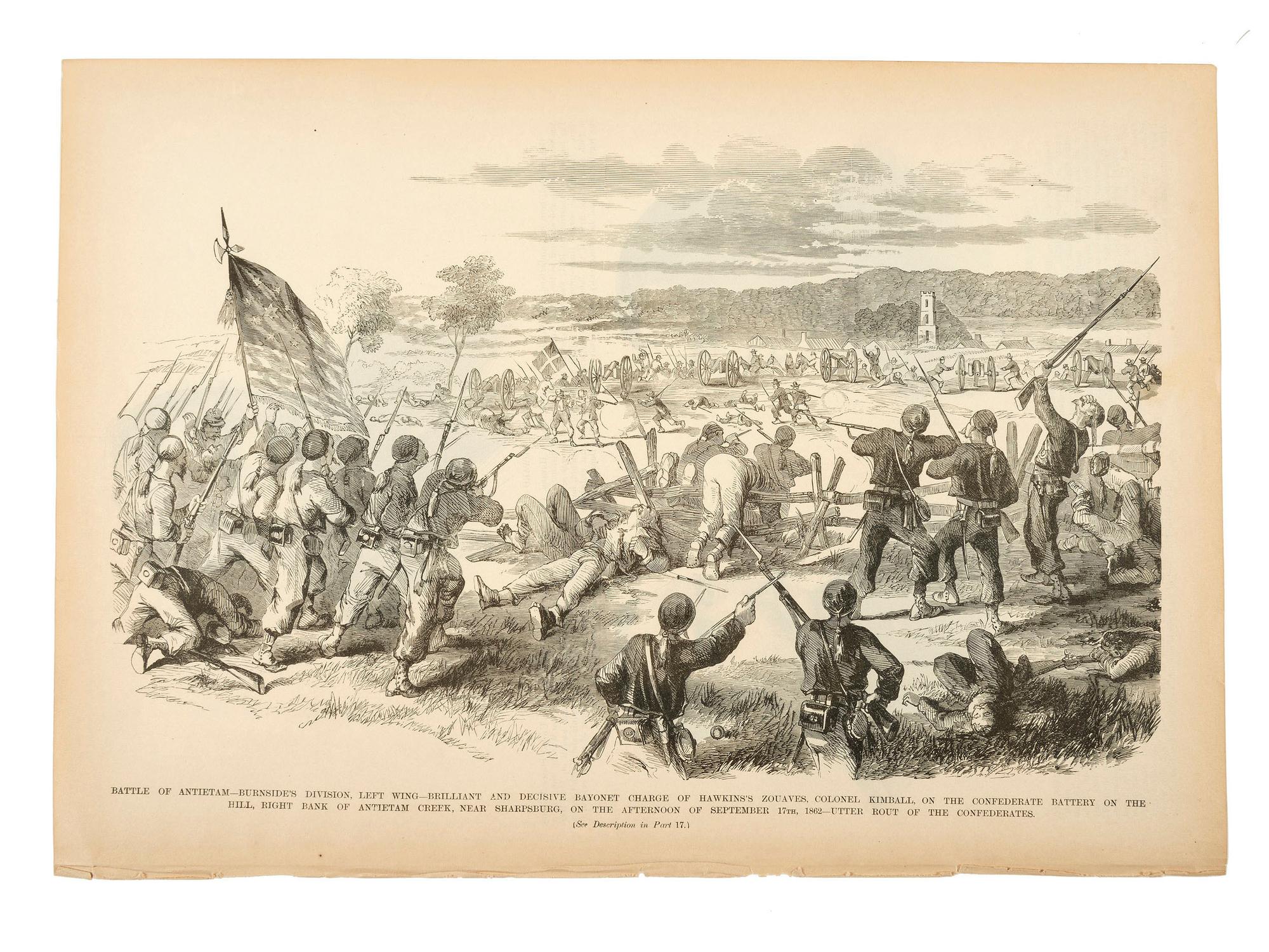 [HAWKINS' ZOUAVES]. A group of prints and newspapers featuring illustrations and coverage of the 9th New York Infantry Regiment in the battlefield, comprising: