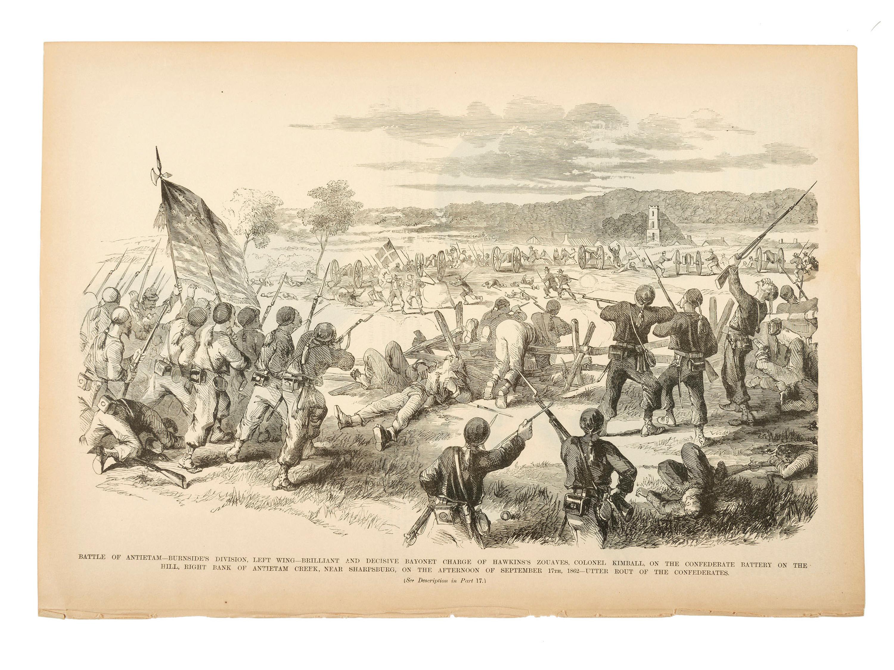 [HAWKINS' ZOUAVES]. A group of prints and newspapers featuring illustrations and coverage of the 9th New York Infantry Regiment in the battlefield, comprising: