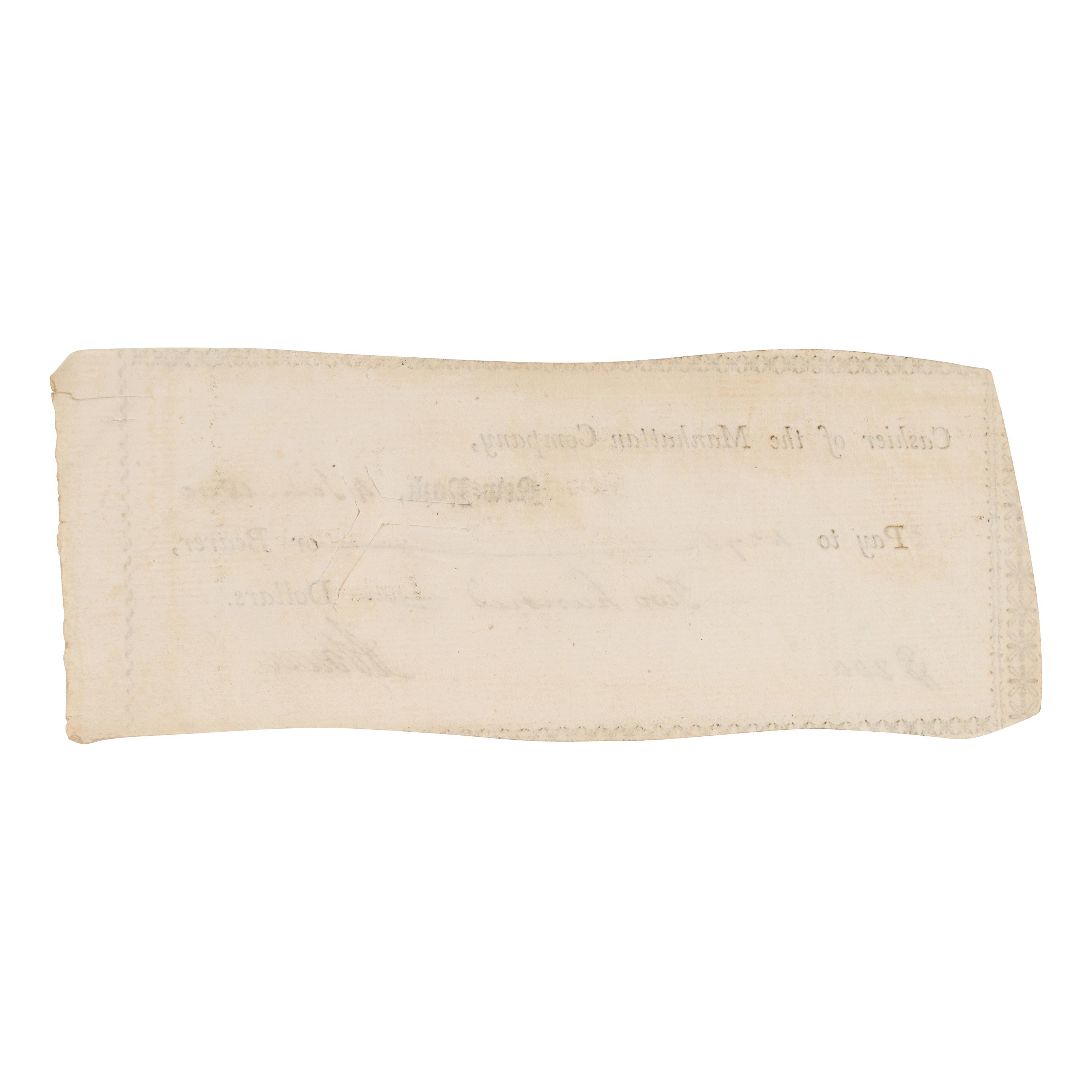 Burr, Aaron (1756-1836). Partly printed check signed ("A. Burr"), New York, 4 January 1800.