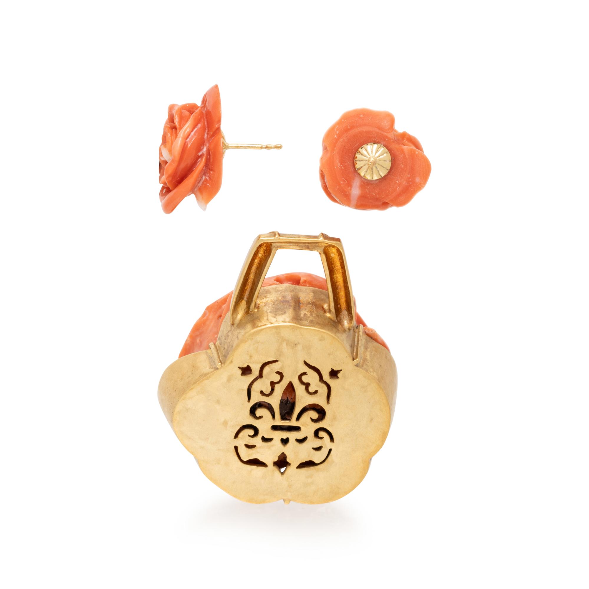 CARVED CORAL PENDANT AND EARRINGS