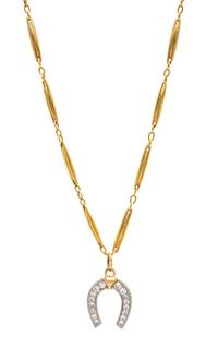 A Yellow Gold Fob Chain with Platinum Topped Gold and Diamond Horseshoe Pendant, 19.90 dwts.