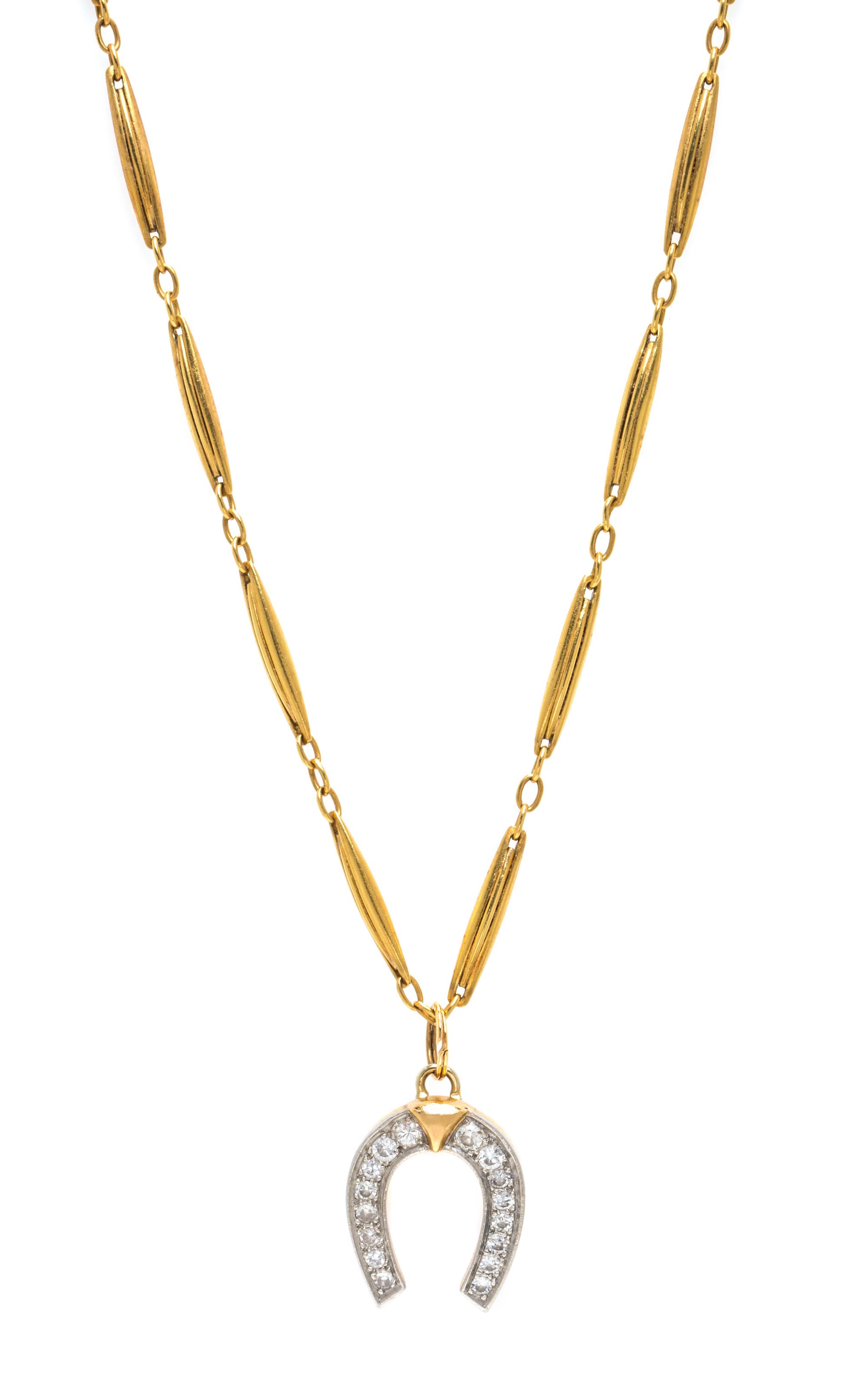 A Yellow Gold Fob Chain with Platinum Topped Gold and Diamond Horseshoe Pendant, 19.90 dwts.