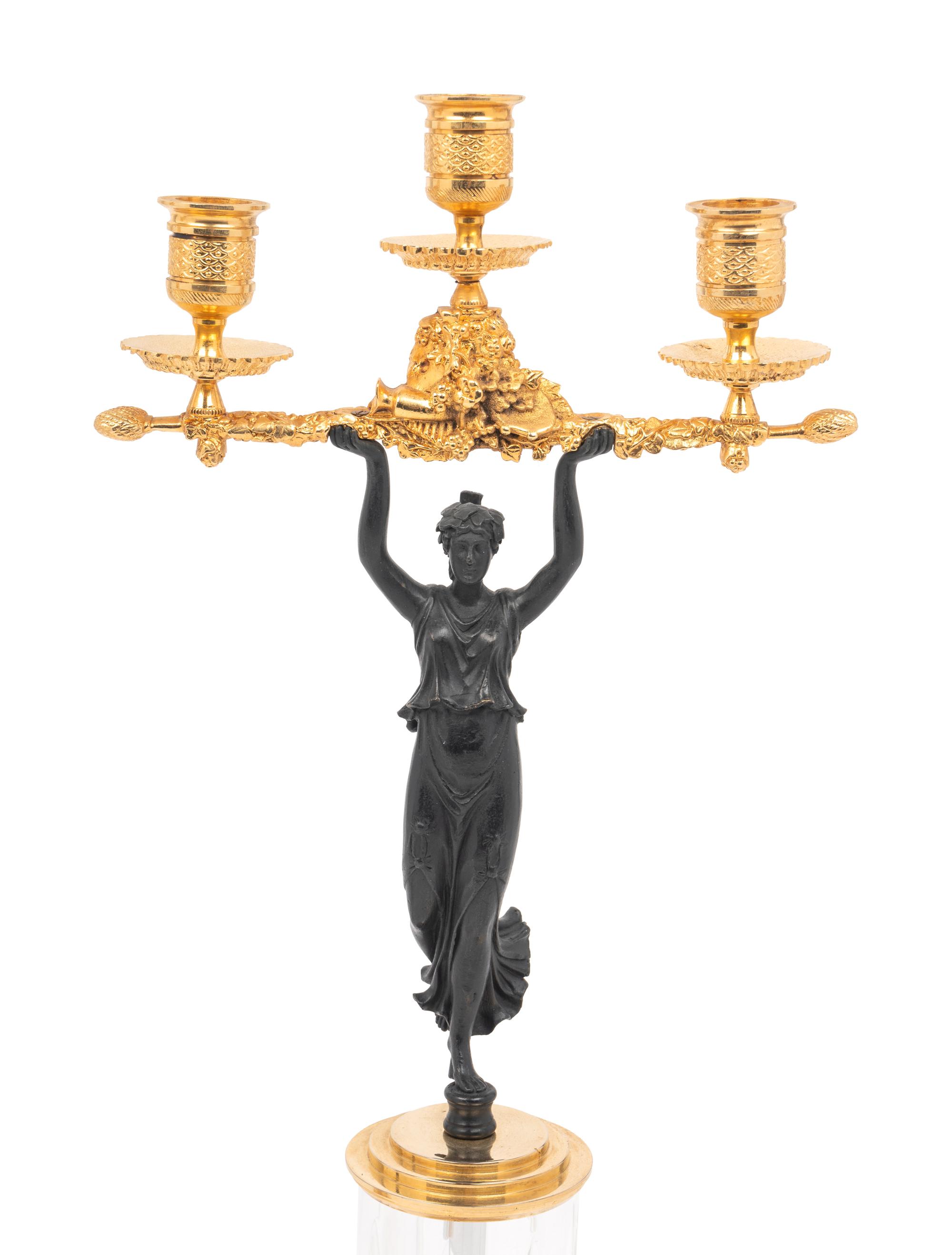 A Pair of Continental Gilt and Patinated Bronze and Cut Glass Three-Light Candelabra