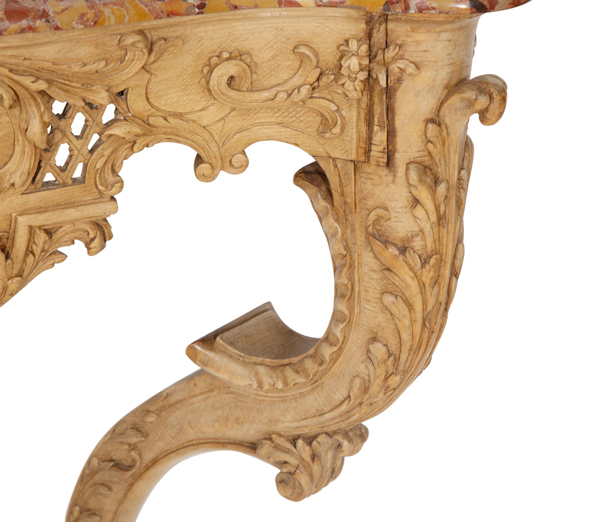 A Pair of Régence Carved Beechwood Marble-Top Console Tables