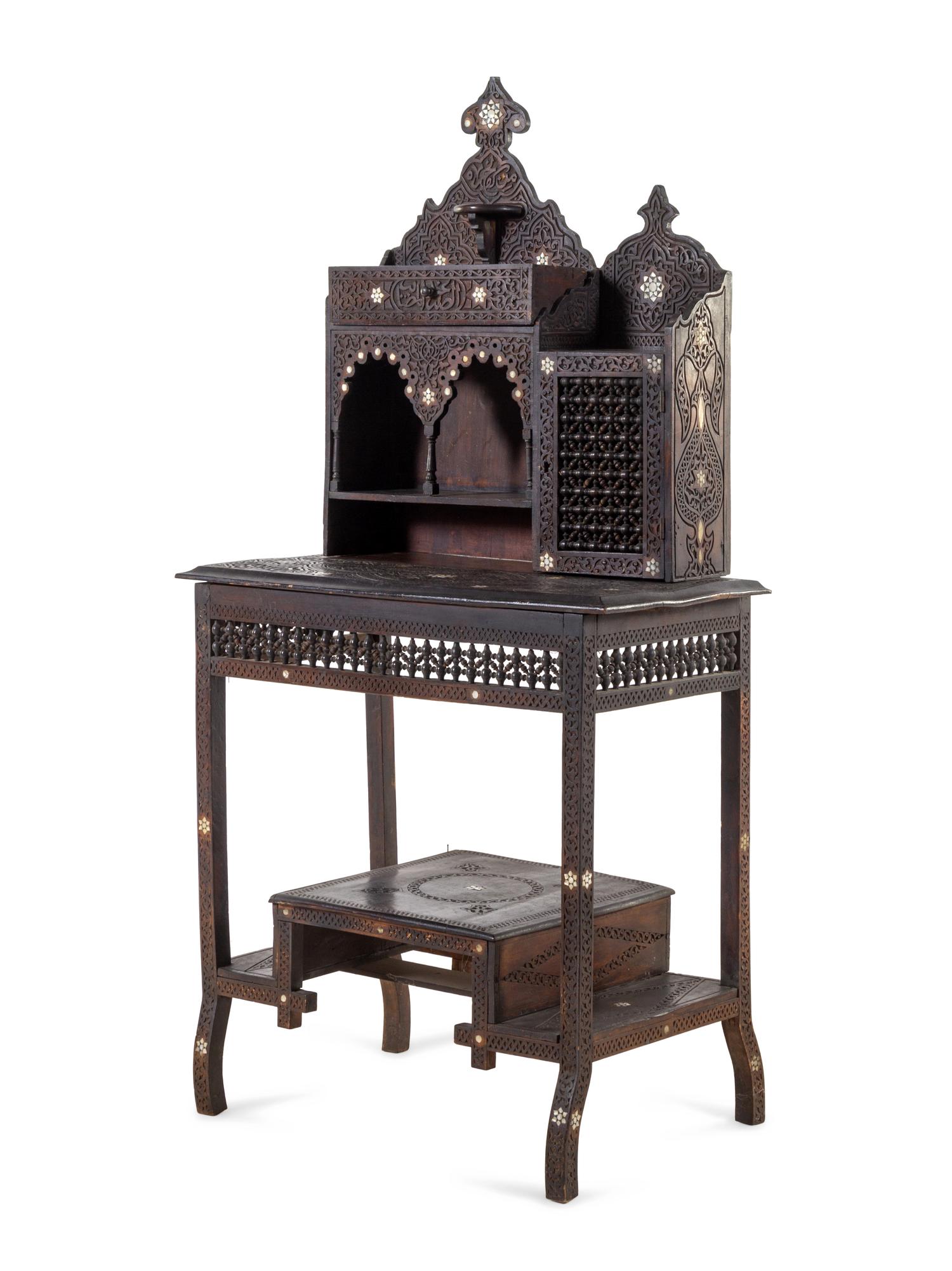 A Syrian Mother-of-Pearl Inlaid Carved Walnut Desk