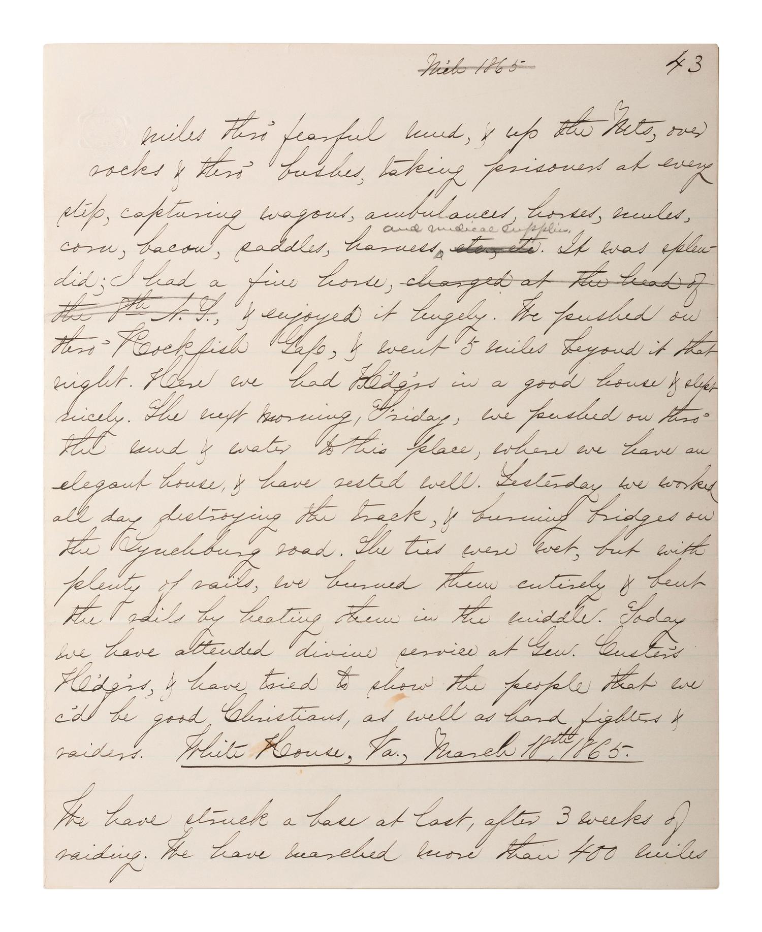 [CIVIL WAR - CUSTER, George A.]. Manuscript documenting the wartime experiences of Major Harlan Page Lloyd, 22nd New York Cavalry and 24th New York Light Artillery, aid to Custer during the Shenandoah Campaign.