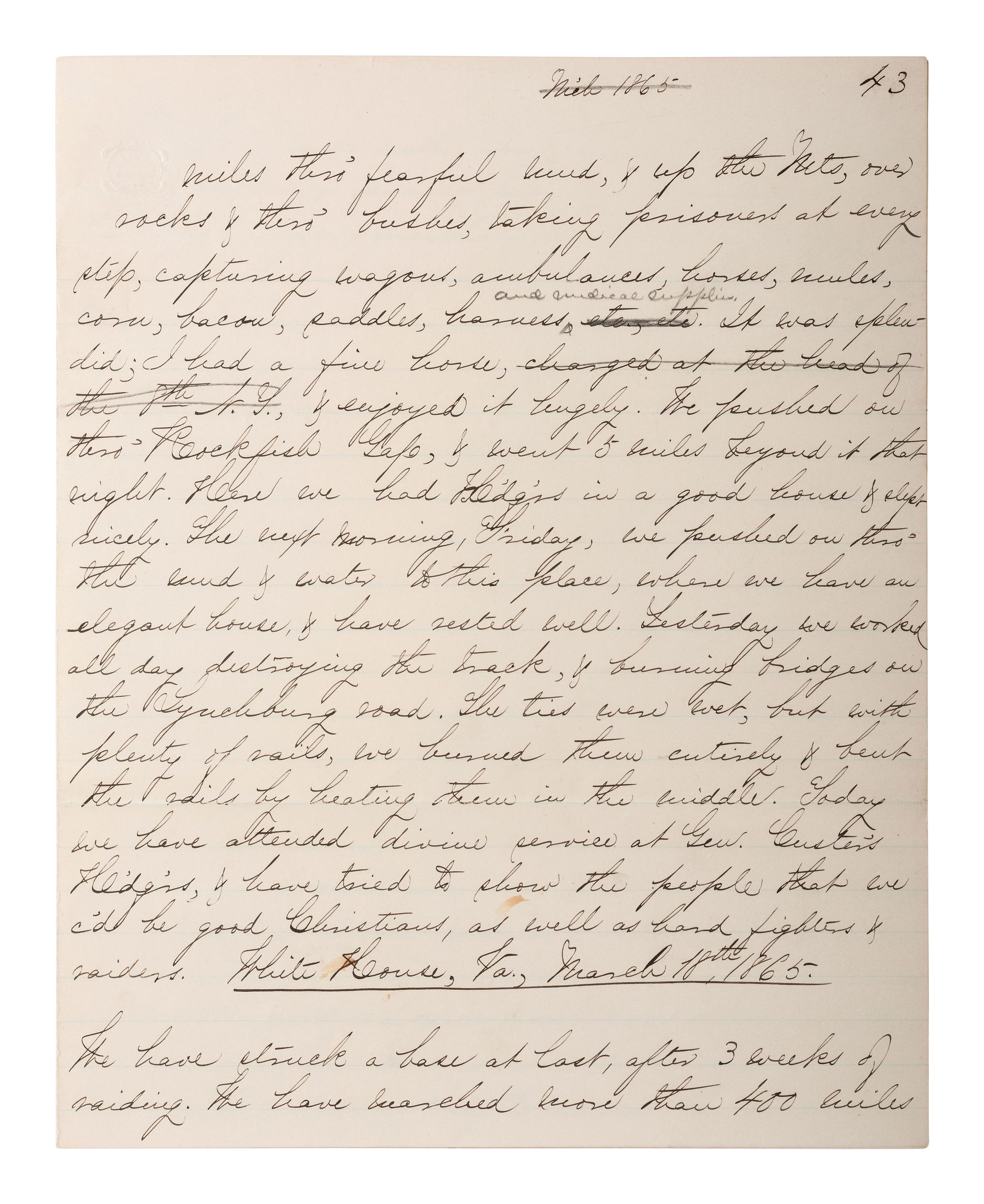 [CIVIL WAR - CUSTER, George A.]. Manuscript documenting the wartime experiences of Major Harlan Page Lloyd, 22nd New York Cavalry and 24th New York Light Artillery, aid to Custer during the Shenandoah Campaign.