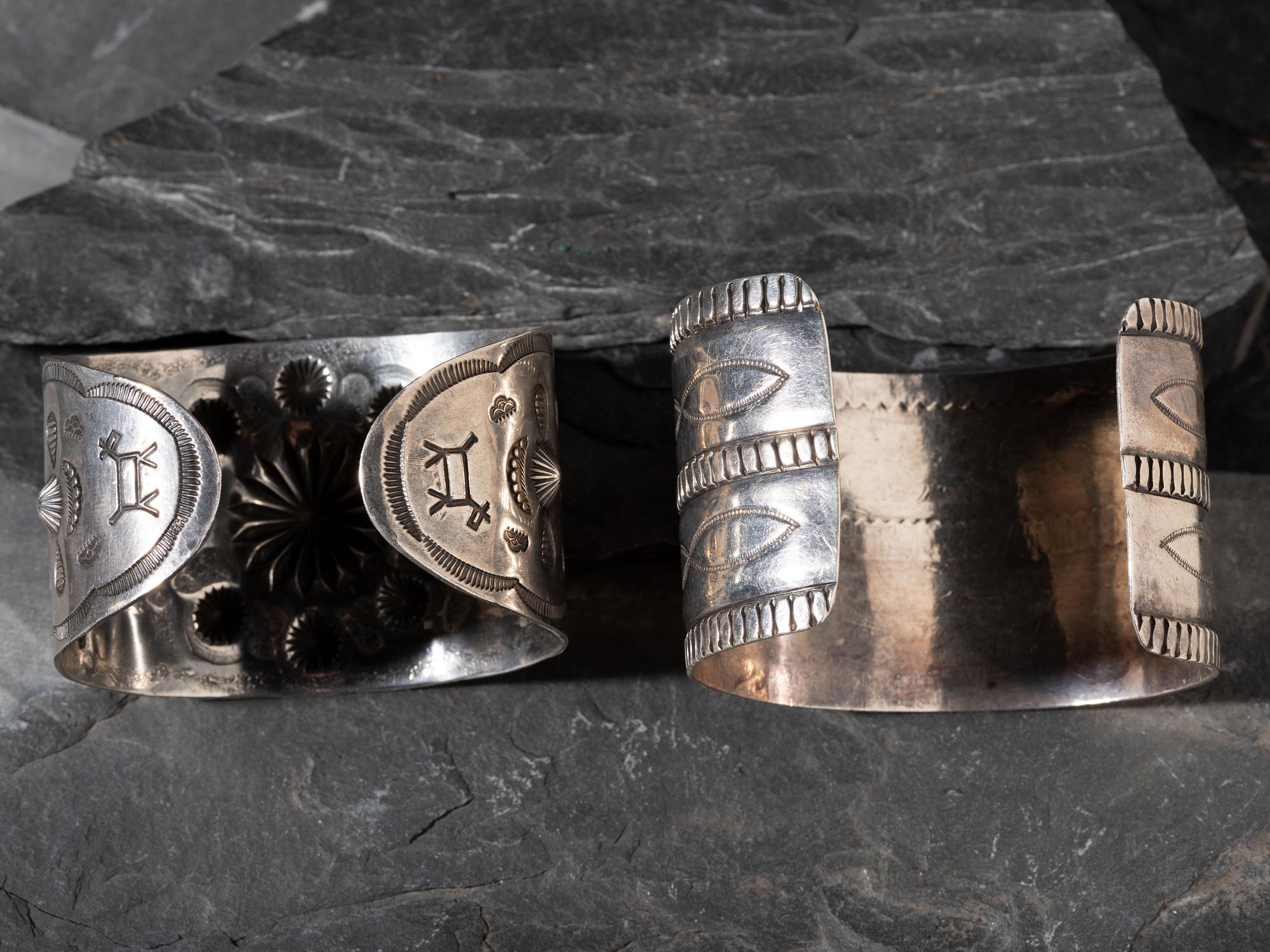 Pair of Navajo Stamped Silver Cuff Bracelets