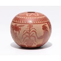 Award-Winning Sgraffito Redware Seed Jar, with Turquoise Cabochon