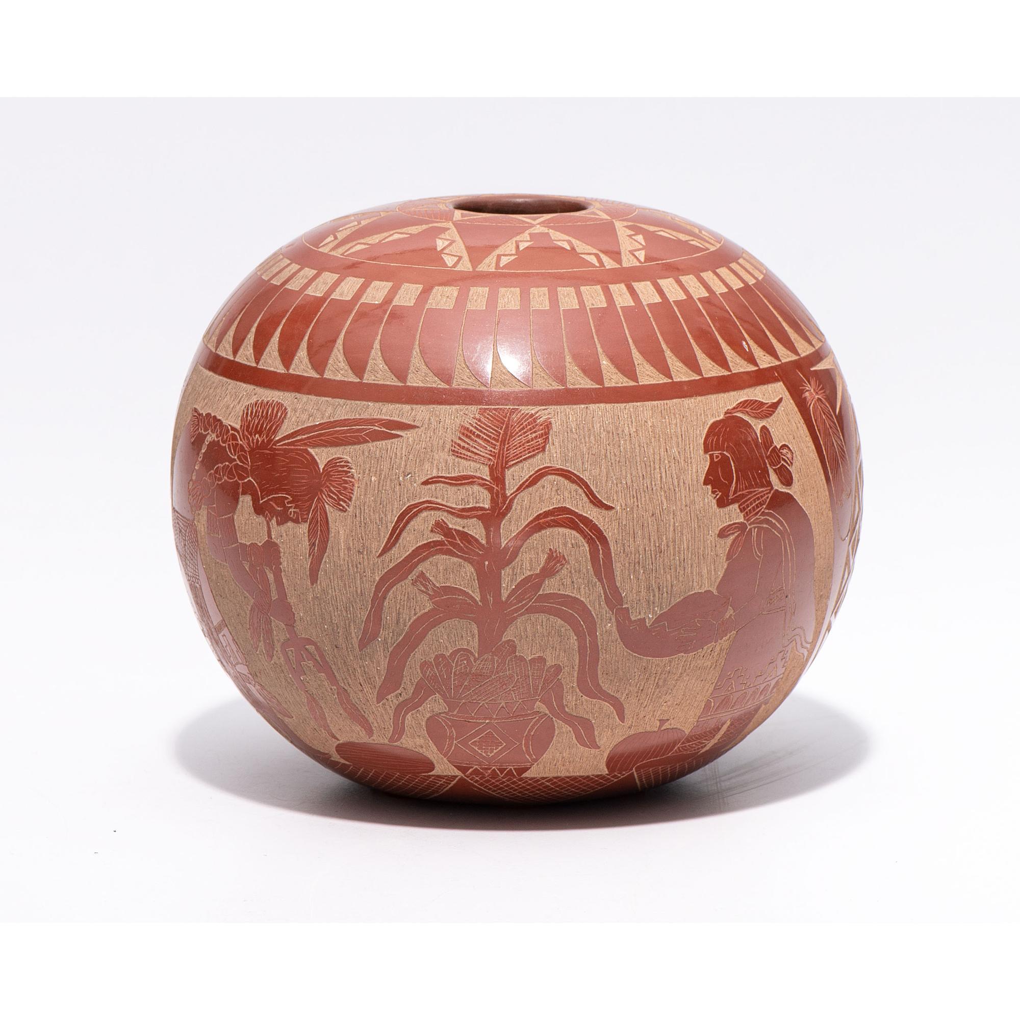 Award-Winning Sgraffito Redware Seed Jar, with Turquoise Cabochon