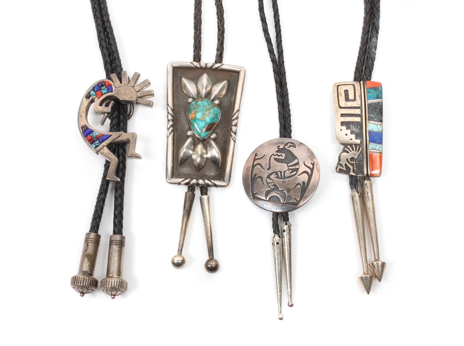 Four Southwestern Bolos Height of first 3 1/2 x 2 1/8 inches.