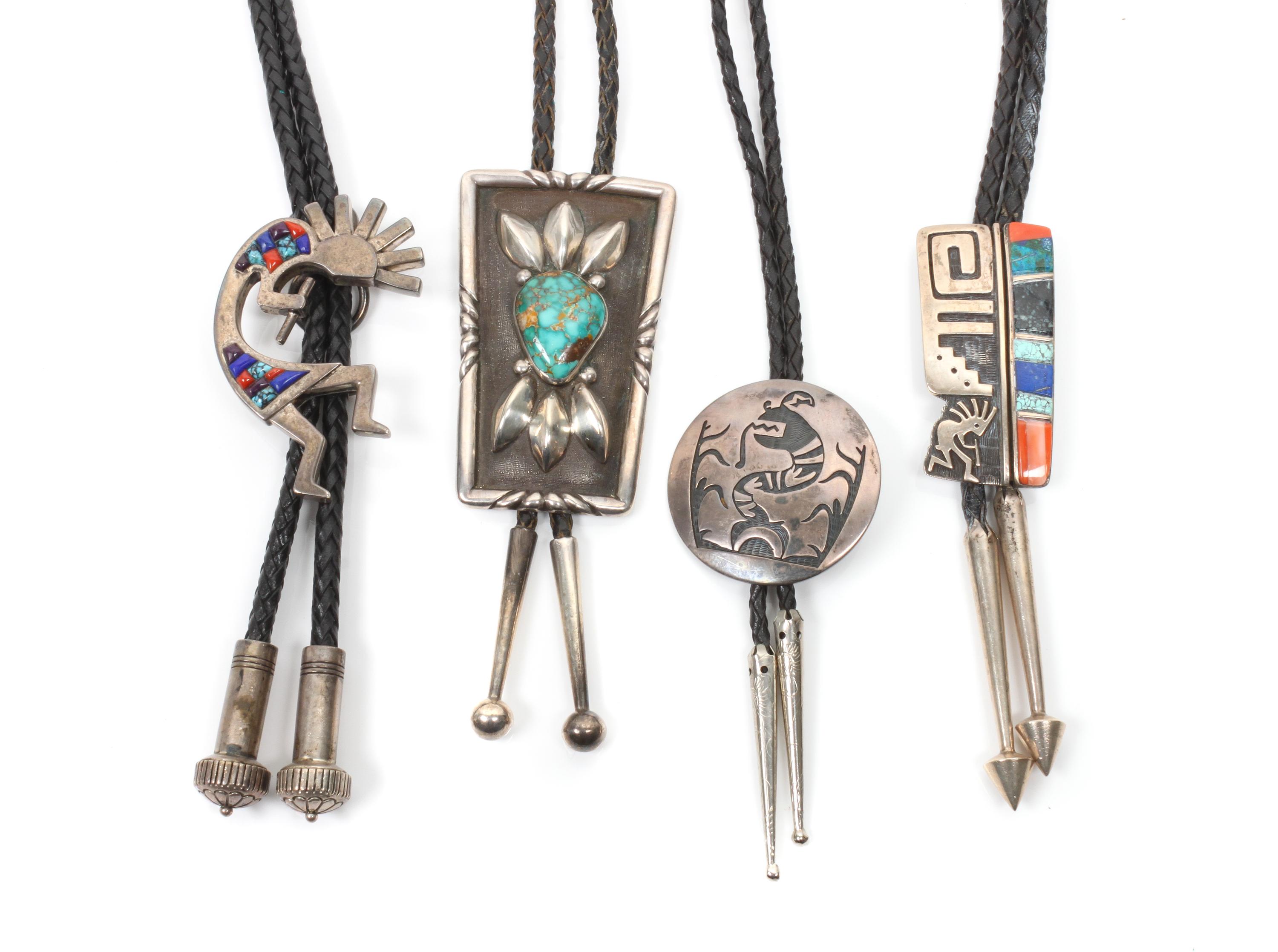 Four Southwestern Bolos Height of first 3 1/2 x 2 1/8 inches.