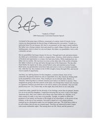 OBAMA, Barack. Duplicated typescript of his 2004 Democratic Convention Keynote Speech, entitled “Audacity of Hope.” [c.2008]. 4 pp., 4to . SIGNED BY OBAMA at head of the first page. On “Obama ’08” stationery. Loose sheets; housed in cloth folding case. With small previous authenticator’s label on verso of first page.