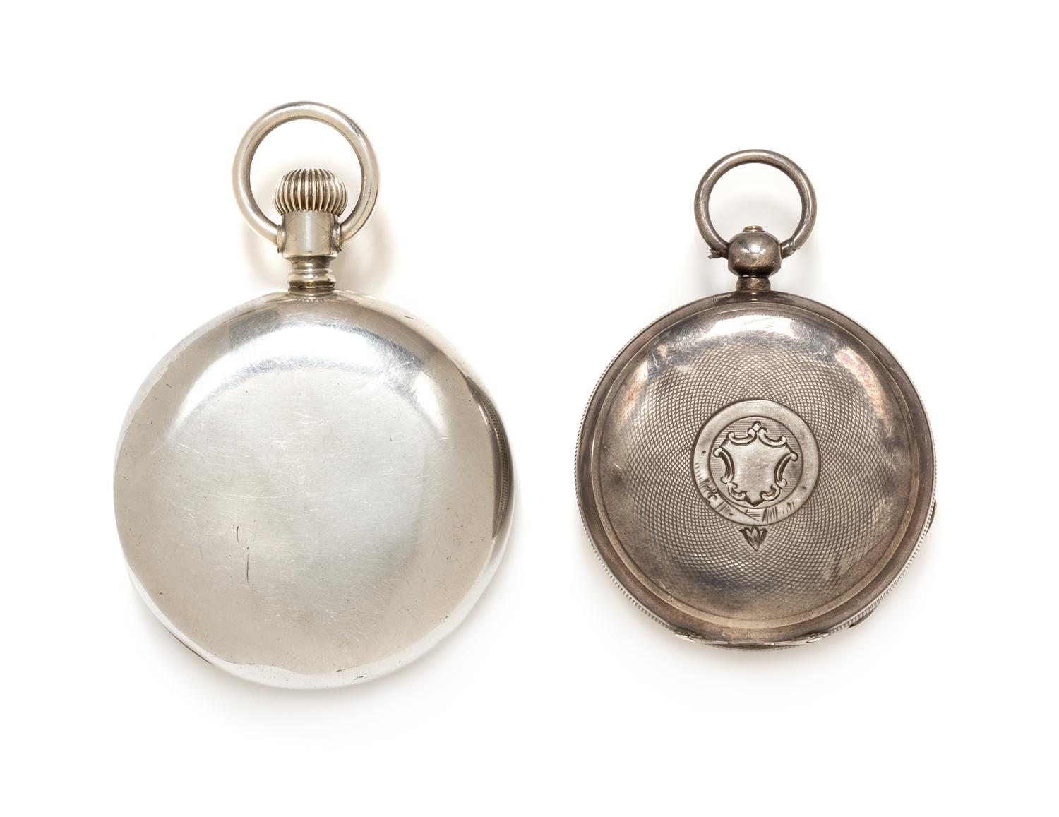 A Collection of Sterling Silver Open Face Pocket Watches, American Waltham and Elgin, 1896 and 1891, 148.00 dwts.