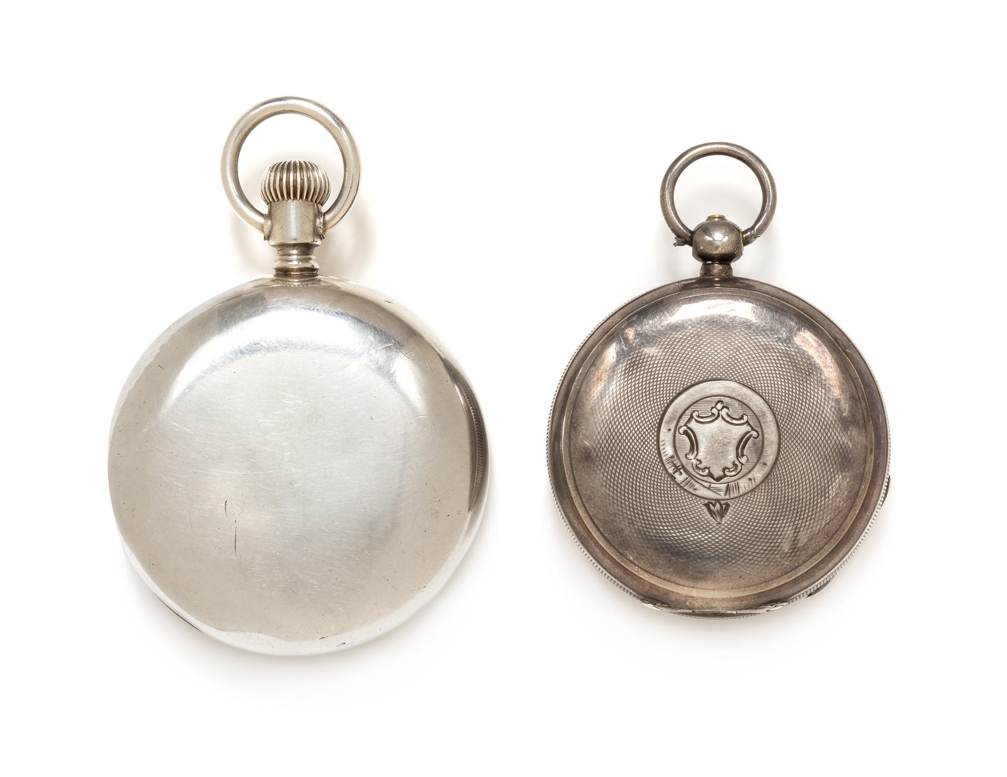 A Collection of Sterling Silver Open Face Pocket Watches, American Waltham and Elgin, 1896 and 1891, 148.00 dwts.