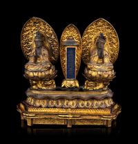 A Set of Two Japanese Gilt Lacquered Wood Figures of Seated Kannon