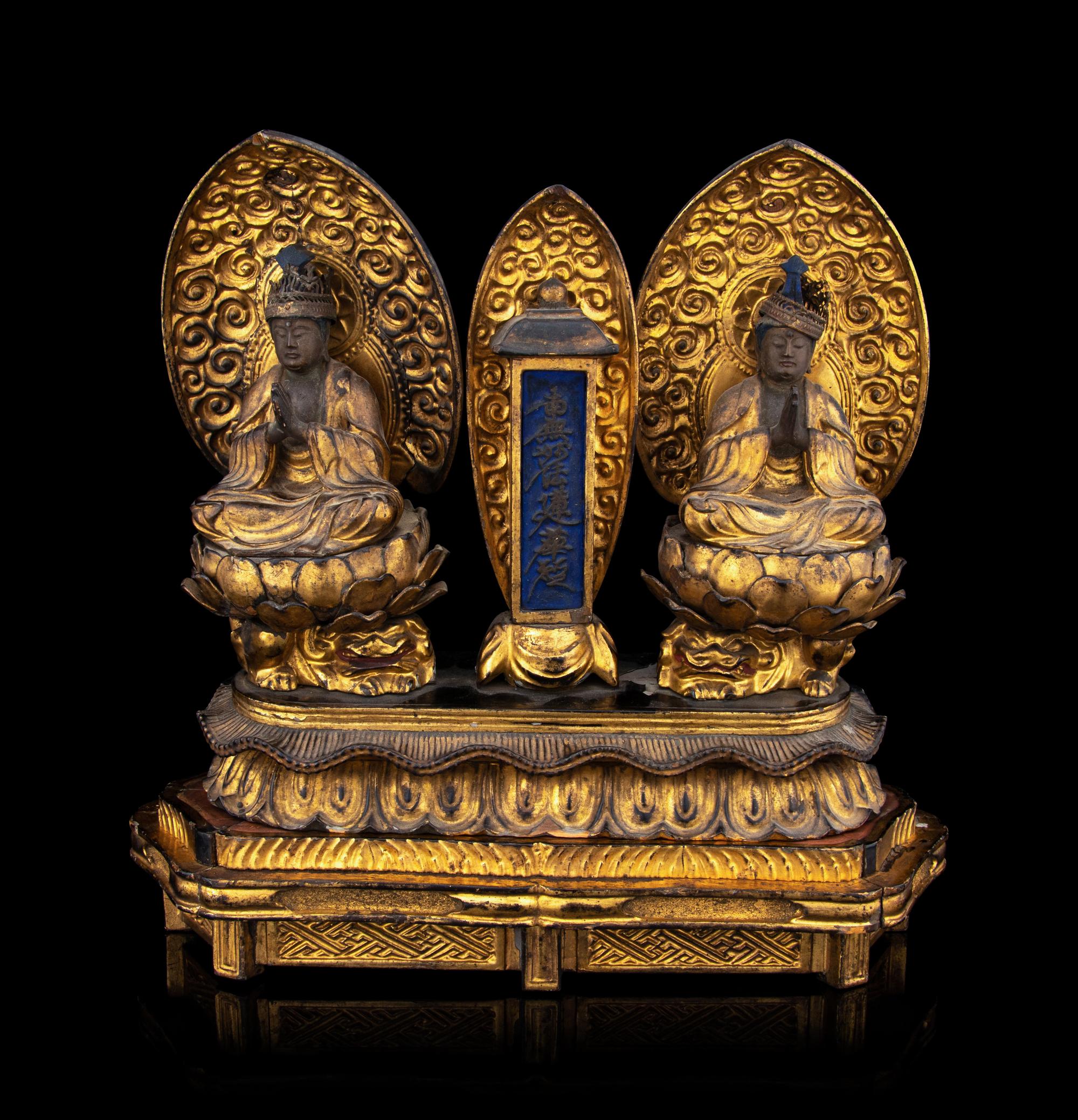 A Set of Two Japanese Gilt Lacquered Wood Figures of Seated Kannon