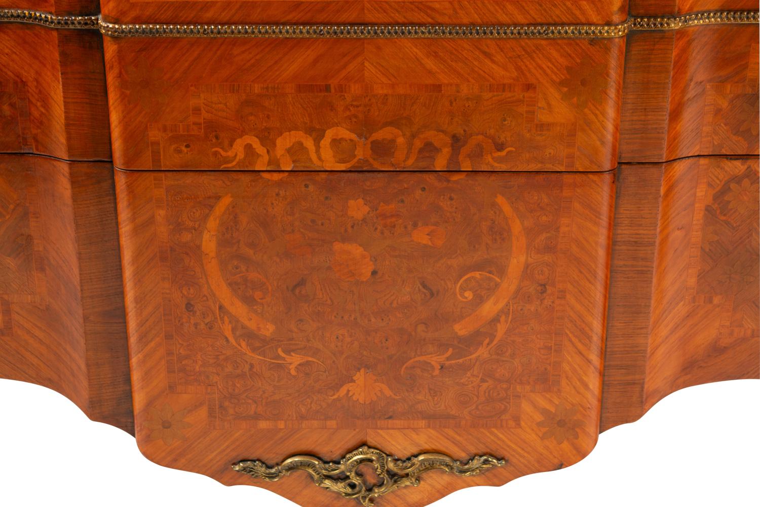 A Pair of Louis XV/XVI Transitional Style Gilt Bronze Mounted Marquetry Marble-Top Commodes