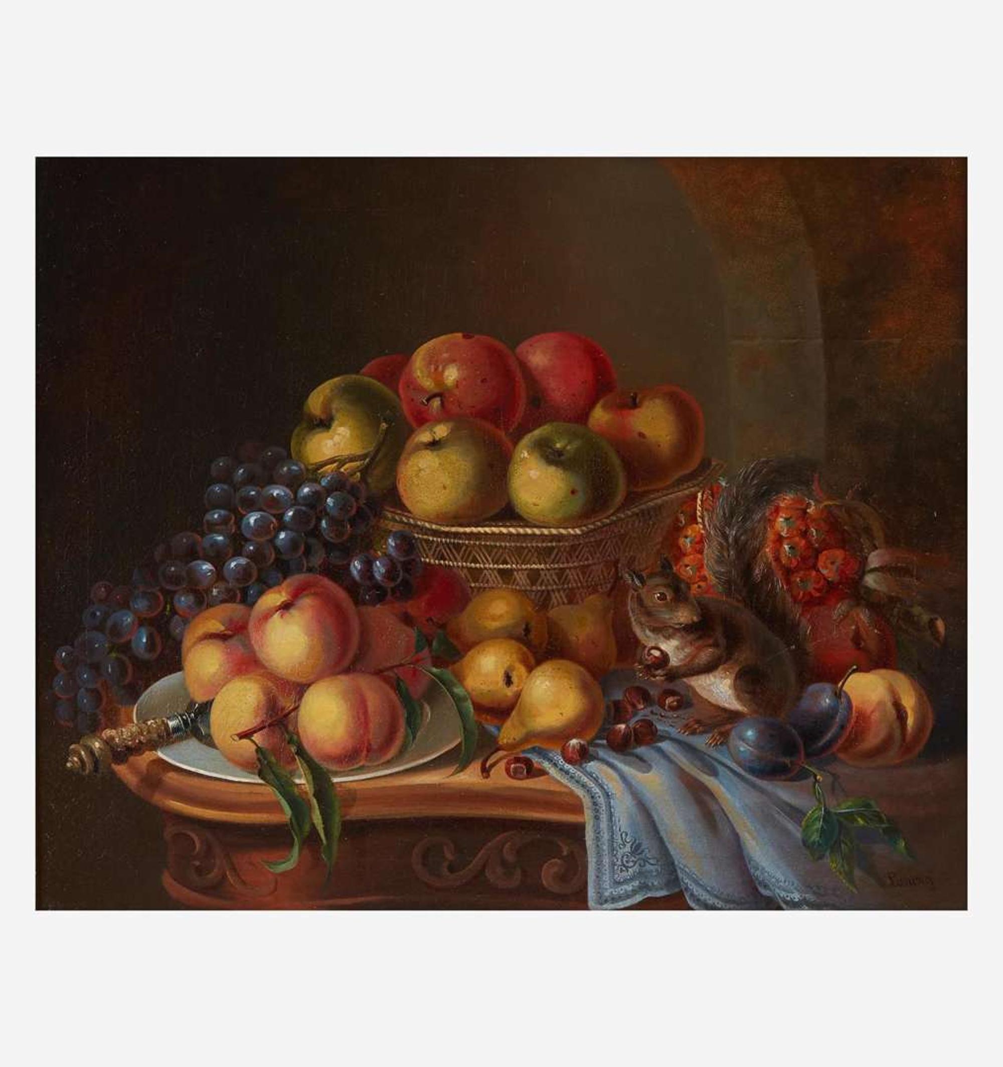 William M. Lanning (American, B.C. 1837-1860) Still Life with Fruit and Squirrel