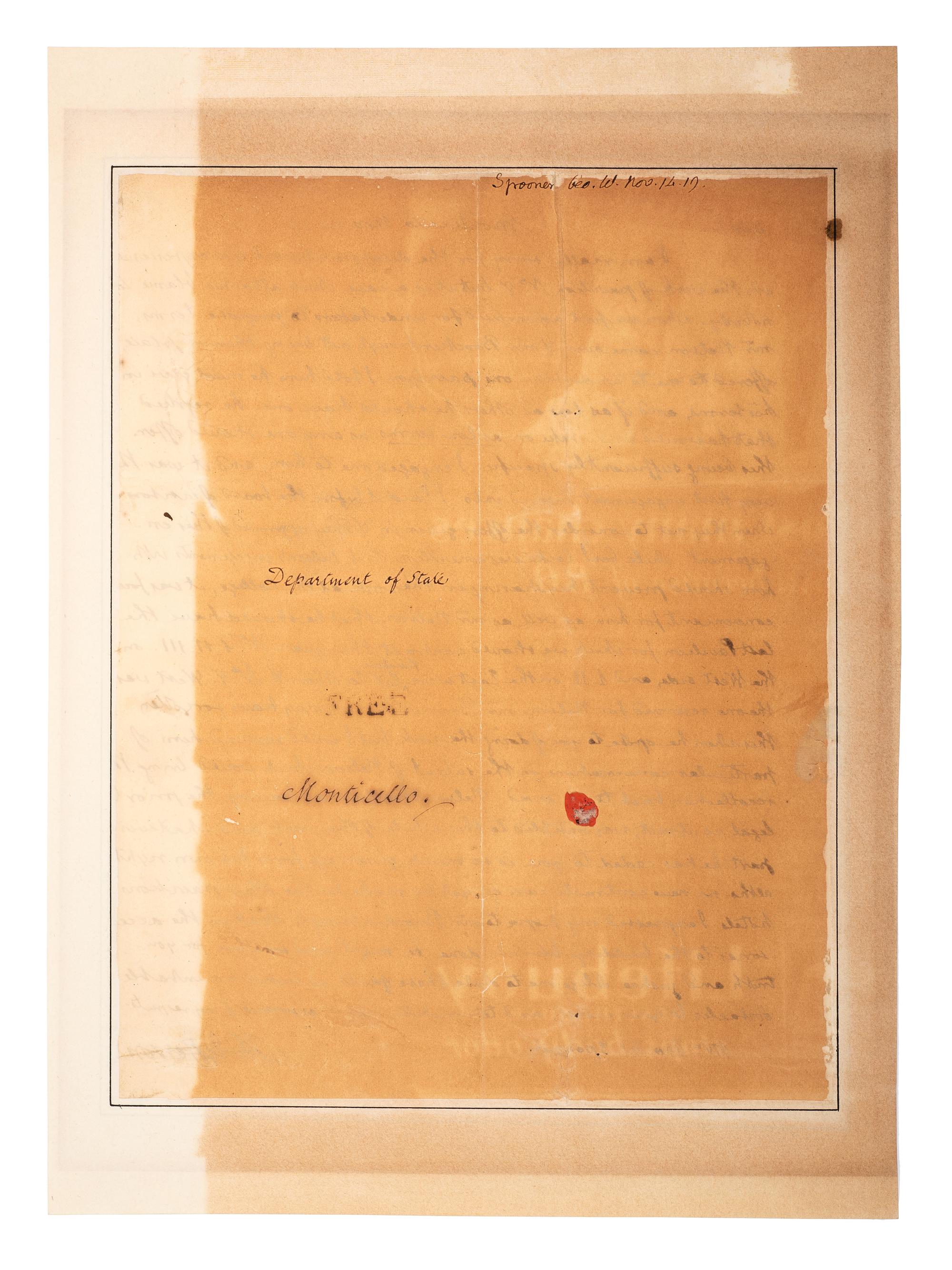 JEFFERSON, Thomas (1743-1826). Autograph letter signed ("Th: Jefferson"), to George W. Spooner. Monticello, 14 November 1819.