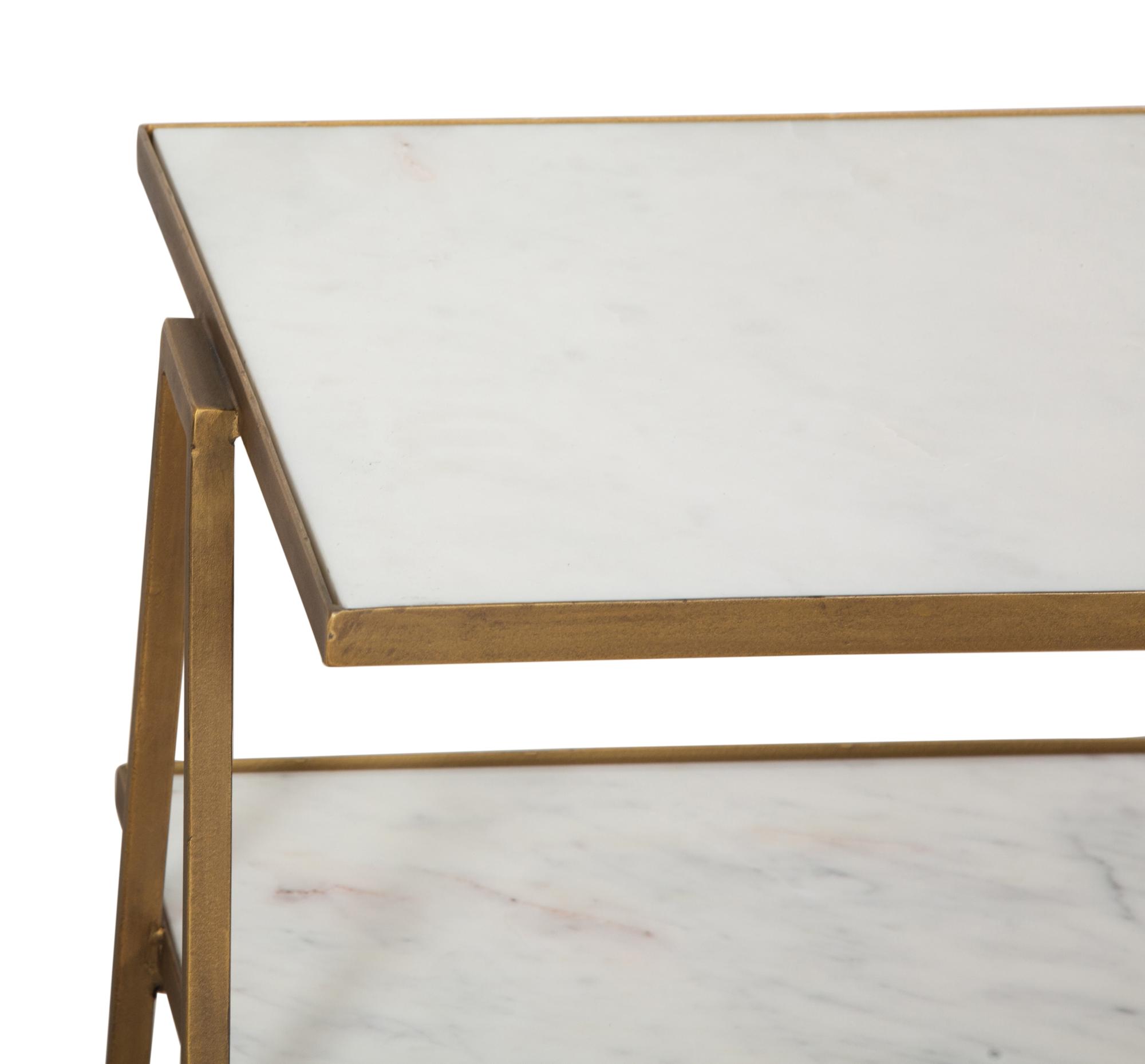 A Pair of Three Tier Marble and Brass Side Tables by Wisteria