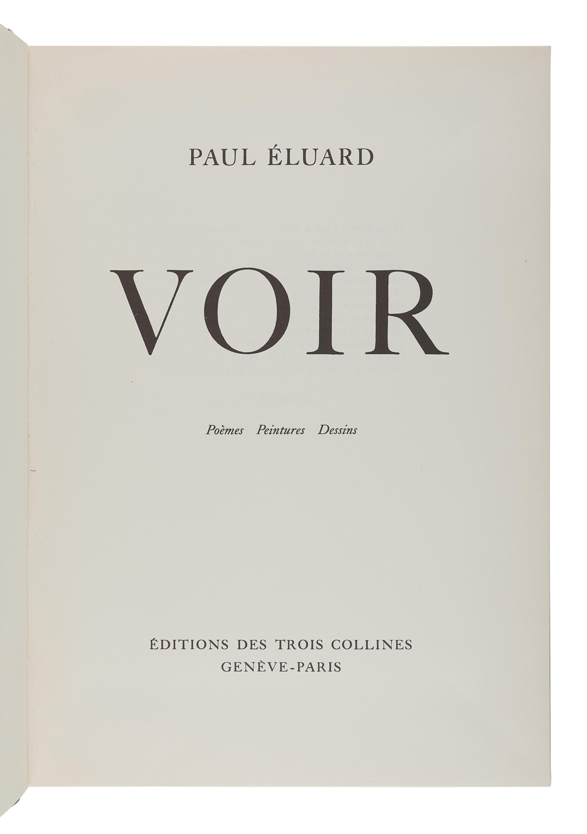 ÉLUARD, Paul (1895-1952). Voir . Poèmes, Peintures, Dessins. Geneva and Paris: Éditions des Trois Collines, 1948.